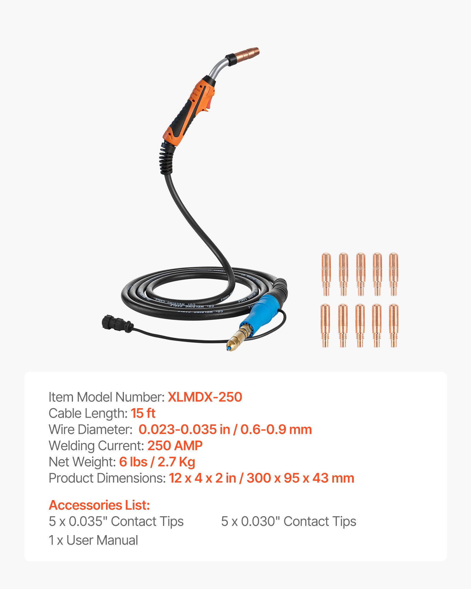 VEVOR Torcia MIG per Saldatura 250A con Cavo da 4,57 m, Pistola MIG per Saldatura a Bobina con Miller (MDX-250), 11 Punte di Contatto di Ricambio e Impugnatura Ergonomica, per Officina e Industria