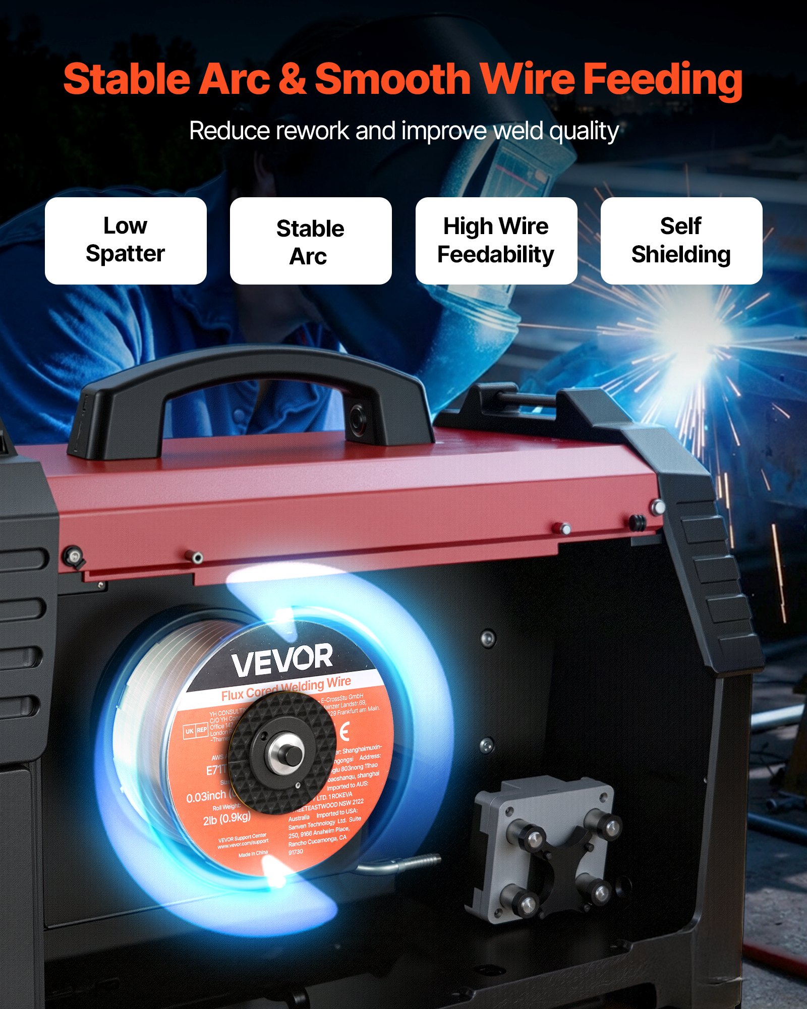 VEVOR Filo MIG per Saldatura, E71T-GS 0,8 mm 0,9 kg, in Acciaio Dolce Senza Gas con Pochi Schizzi per Saldatura ad Arco in Tutte le Posizioni, Autoprotetto per Uso Esterno, Confezione da 3 Rotoli