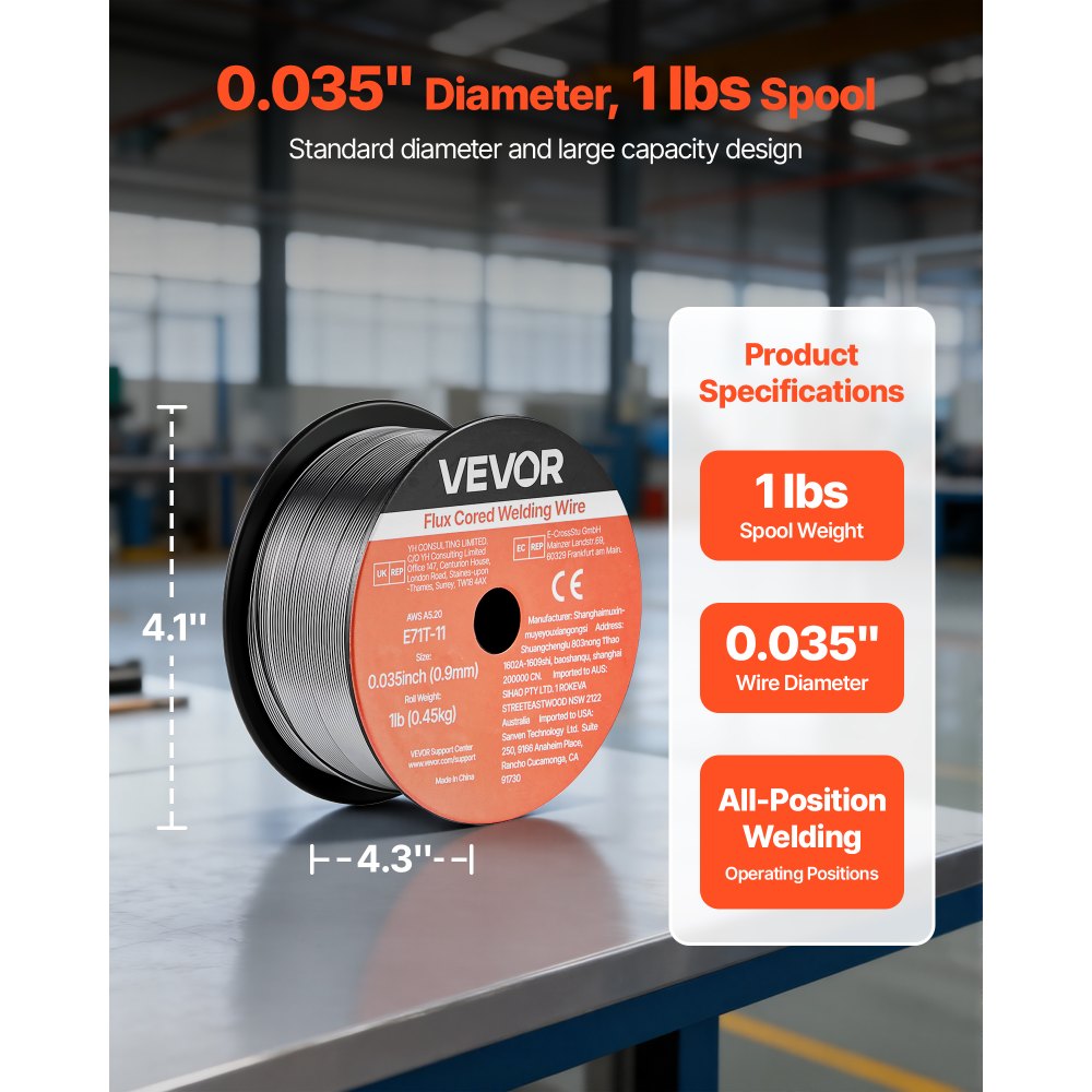 VEVOR Filo MIG per Saldatura E71T-11 da 0,9 mm 0,45 kg, in Acciaio Dolce Senza Gas con Pochi Schizzi per Saldatura ad Arco in Tutte le Posizioni, Autoprotetto per Uso Esterno, Confezione da 2 Rotoli