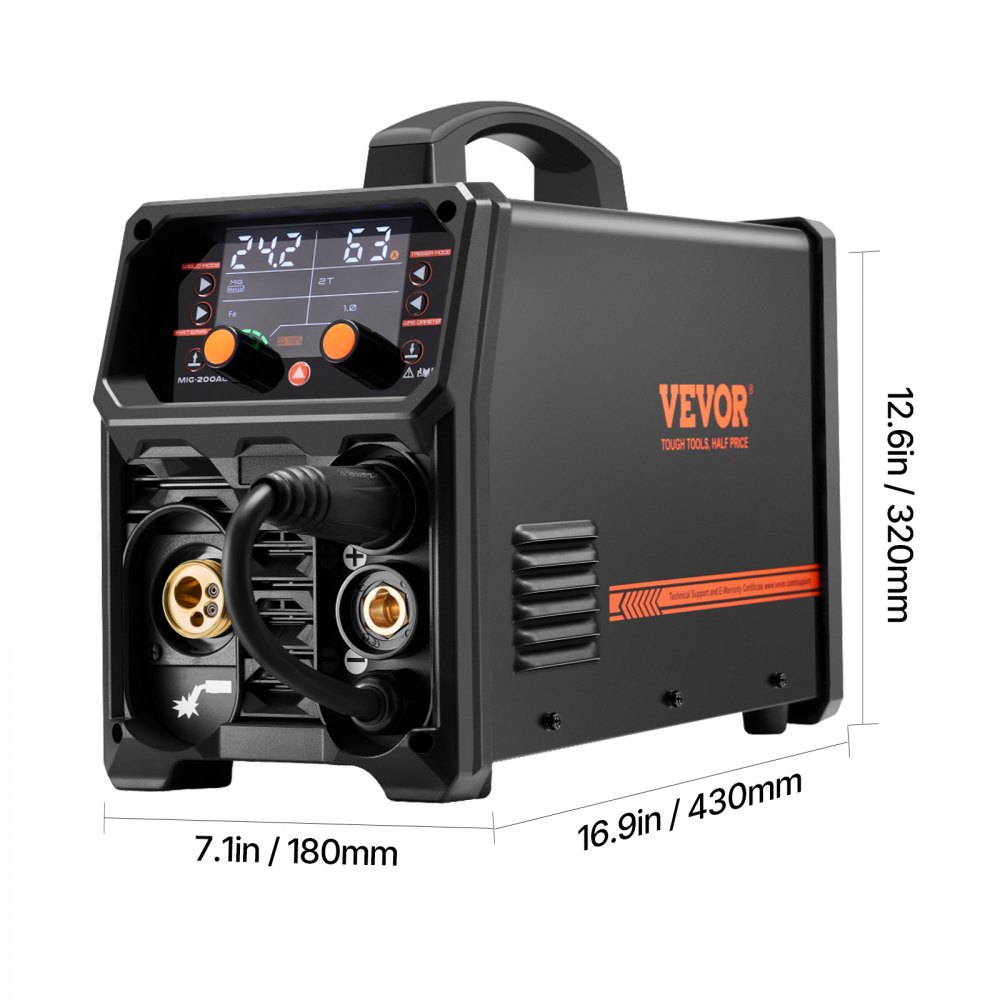 VEVOR Stazione Saldatura MIG Corrente Uscita 200 A, Saldatrice MIG Sinergica Portatile Senza Gas MIG Gas MMA Lift TIG MIG PLUSE 5 in 1 IGBT Tecnologia Inverter Schermo LCD, Torcia Lift TIG Non Inclusa
