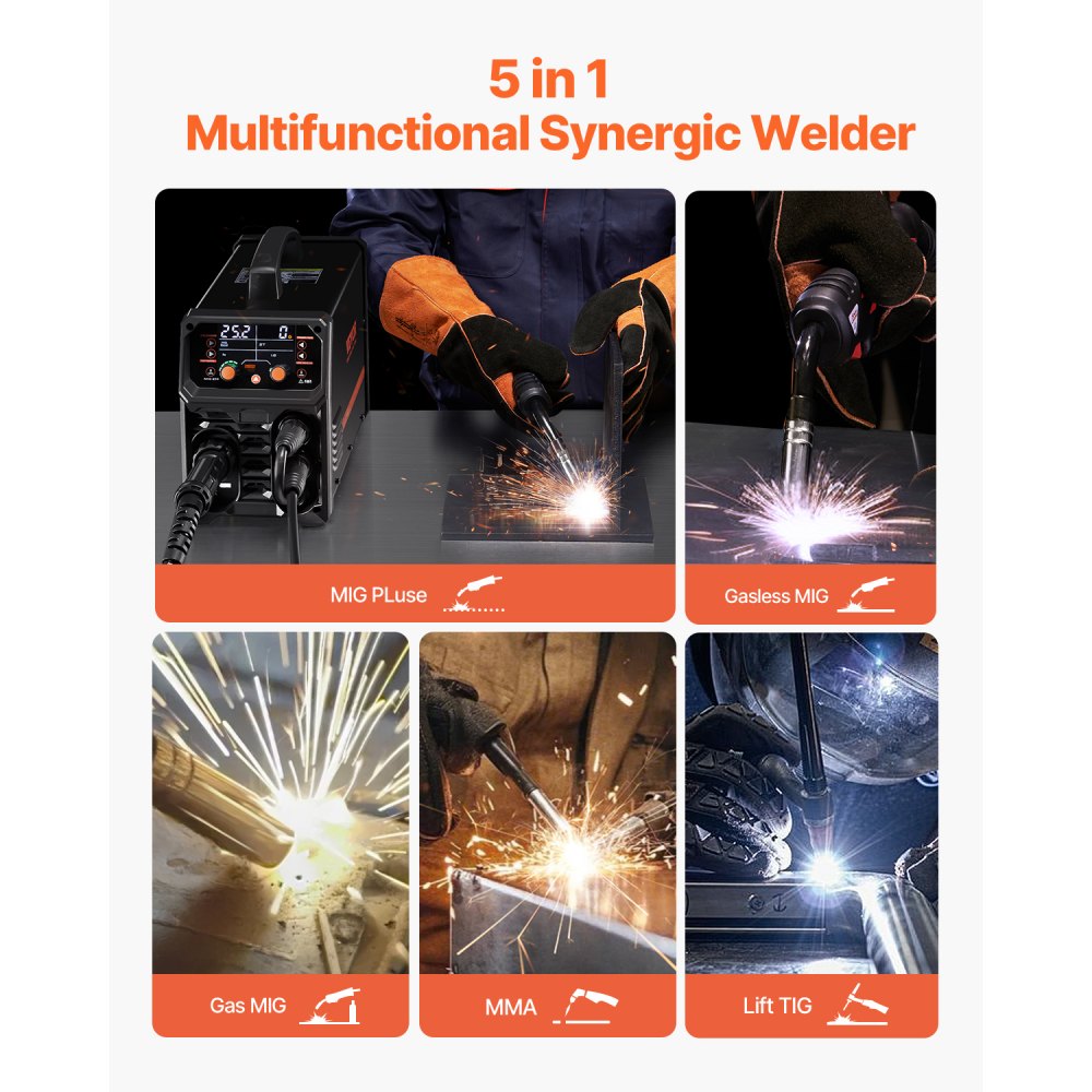 VEVOR Pro MIG Welder, 250 Amp Plus MIG Welder, 5-in-1 Synergy Welder Gasless MIG, Gas MIG, MMA, Lift TIG, MIG Plus with IGBT Inverter Technology and LCD Screen Display