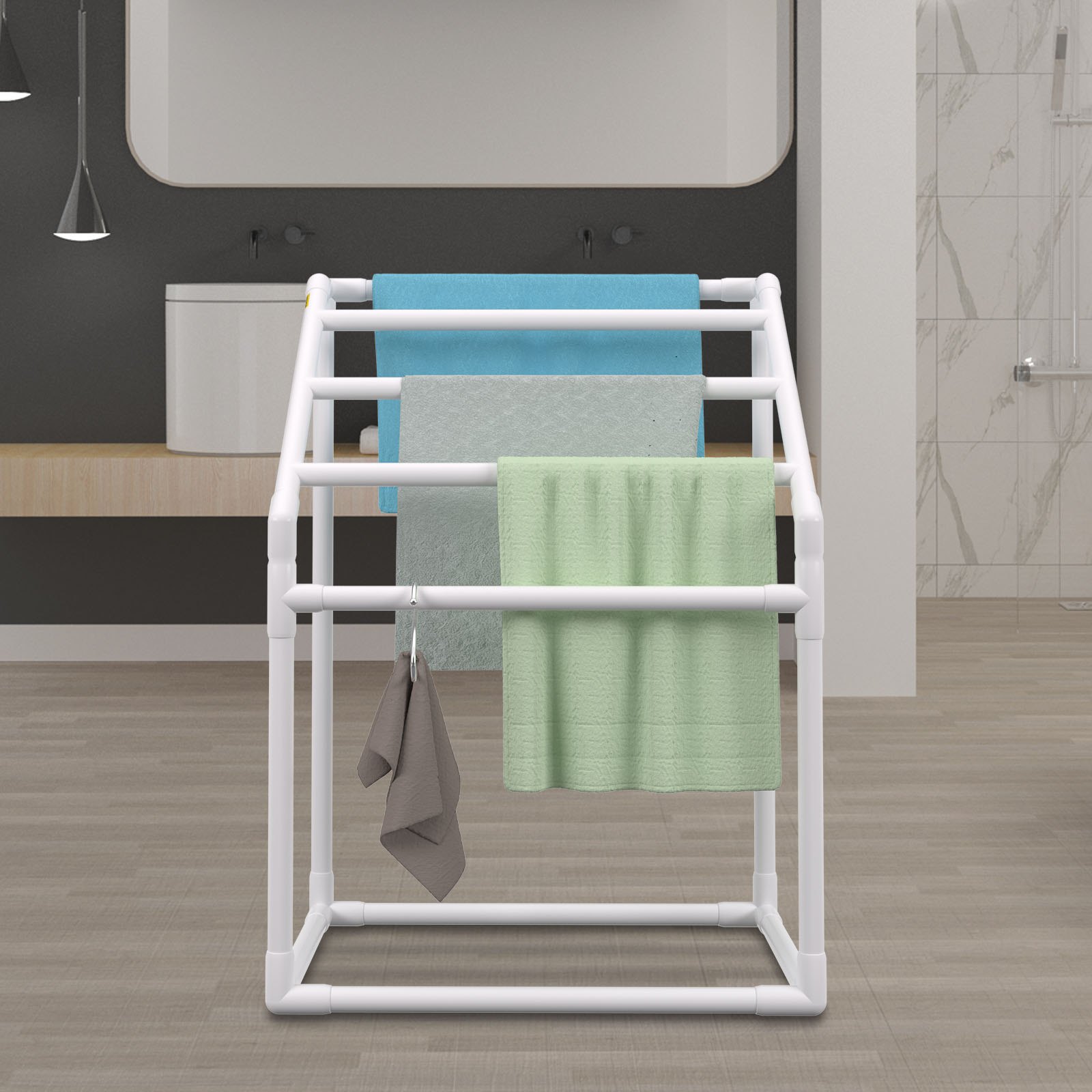 VEVOR Portasciugamani da Terra con 5 Barre, Portasciugamani da Bagno Soggiorno Balcone, Portasciugamani in PVC Portata 25 kg, Organizzatore Portasalviette 5 Piani per Piscina Bagno 94 x 60 x 127 cm