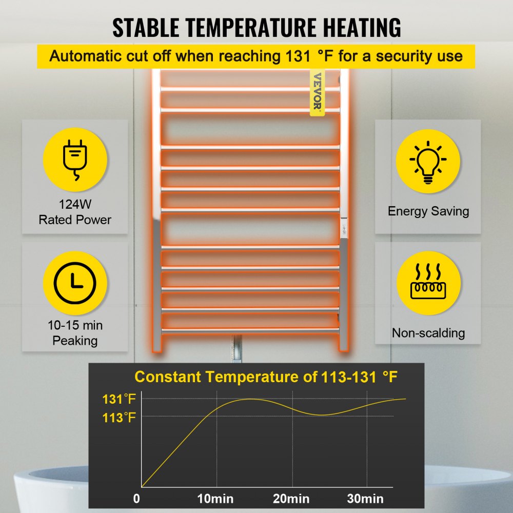 VEVOR Scaldasalviette in Acciaio Inossidabile 124W Temperatura da 45 a 55 °C, Riscaldatore per Portasciugamani Lucidato a Specchio a 10 Barre Utilizzo per Bagno o Altri Campi Domestici e Commerciali