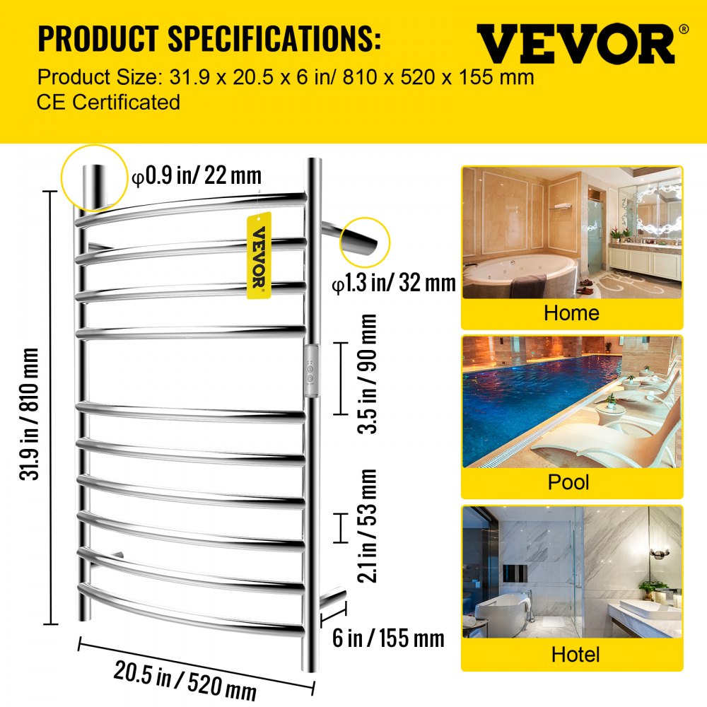 VEVOR Scaldasalviette Lucidato a Specchio a 10 Barre Curve, Riscaldatore per Portasciugamani in Acciaio Inossidabile 120 W capacità di Carico 5 kg, Uso per Bagno o Altri Campi Domestici e Commerciali