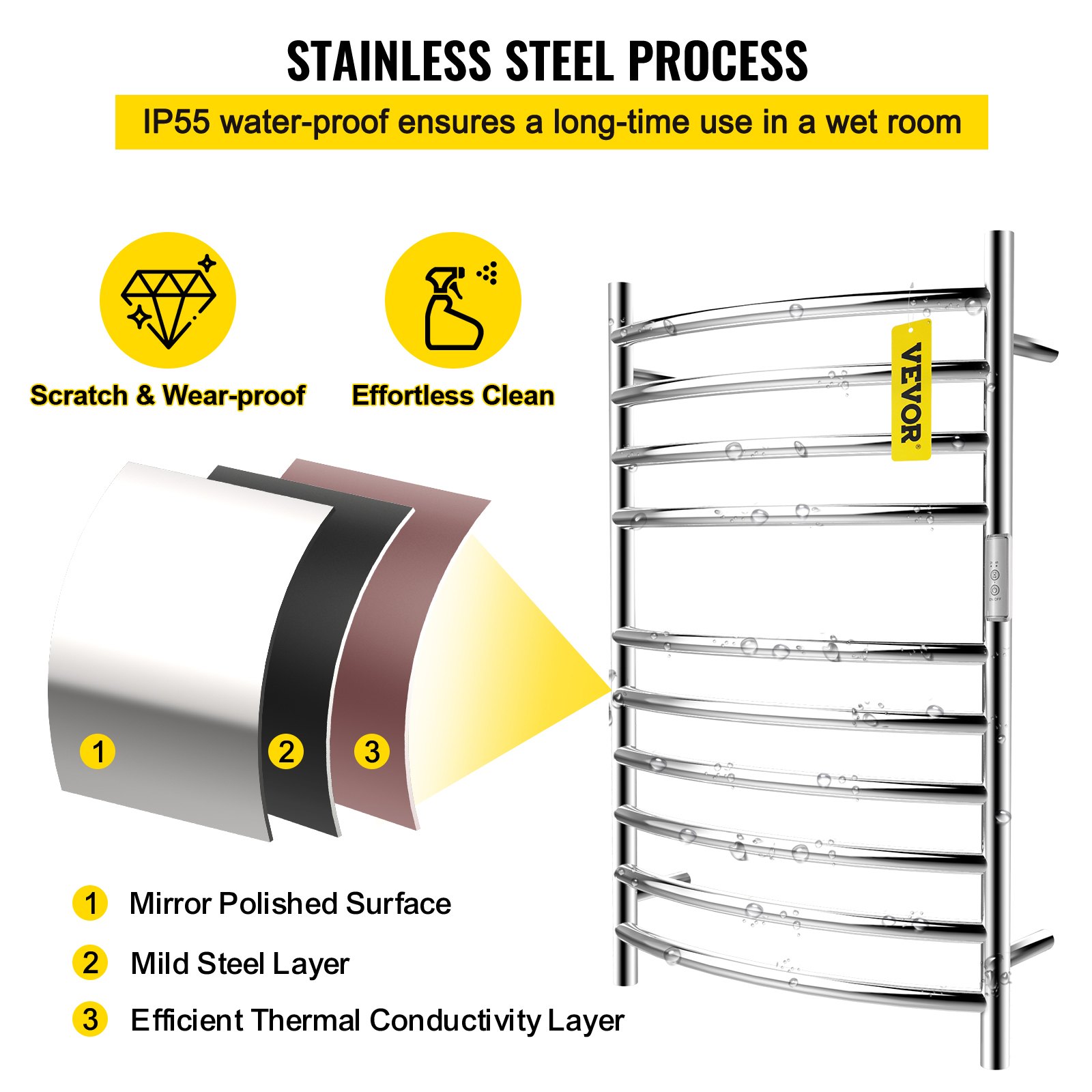 VEVOR Scaldasalviette Lucidato a Specchio a 10 Barre Curve, Riscaldatore per Portasciugamani in Acciaio Inossidabile 120 W capacità di Carico 5 kg, Uso per Bagno o Altri Campi Domestici e Commerciali