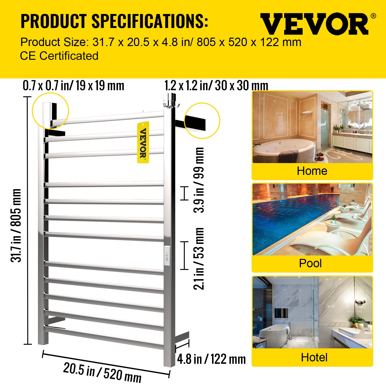 VEVOR Scaldasalviette in Acciaio Inossidabile Lucidato a Specchio capacità di Carico da 5 kg Riscaldatore per Portasciugamani 135 W a 12 Barre Utilizzo per Bagno o Altri Campi Domestici e Commerciali
