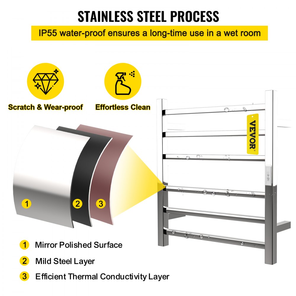 VEVOR Scaldasalviette Termoarredo Elettrico 6 Barre, Scaldasalviette Elettrico da Bagno in Acciaio Inox con Superficie Lucidata a Specchio, Bagno a Parete Asciugabiancheria 75W Temperatura 45-55 °C