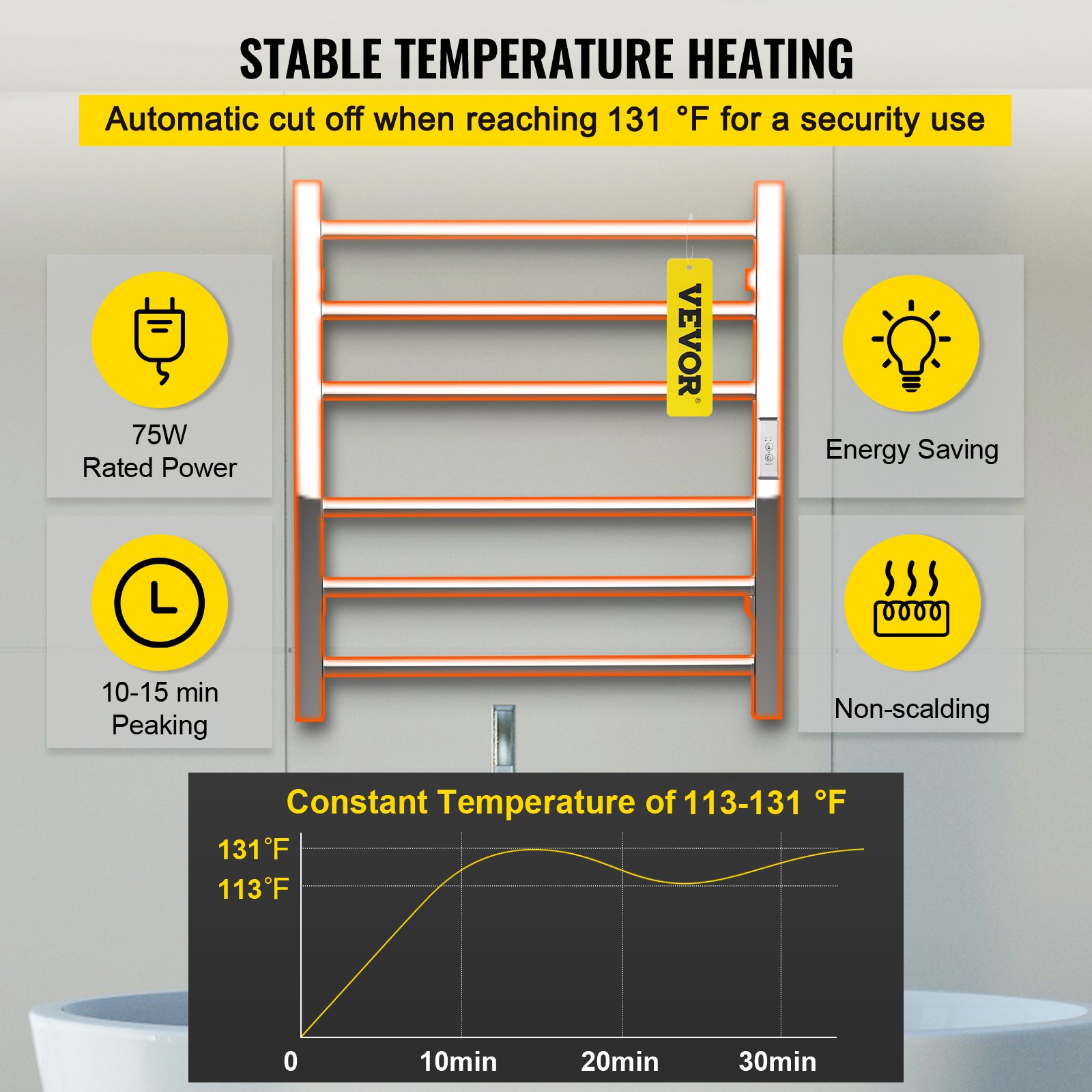 VEVOR Scaldasalviette Termoarredo Elettrico 6 Barre, Scaldasalviette Elettrico da Bagno in Acciaio Inox con Superficie Lucidata a Specchio, Bagno a Parete Asciugabiancheria 75W Temperatura 45-55 °C