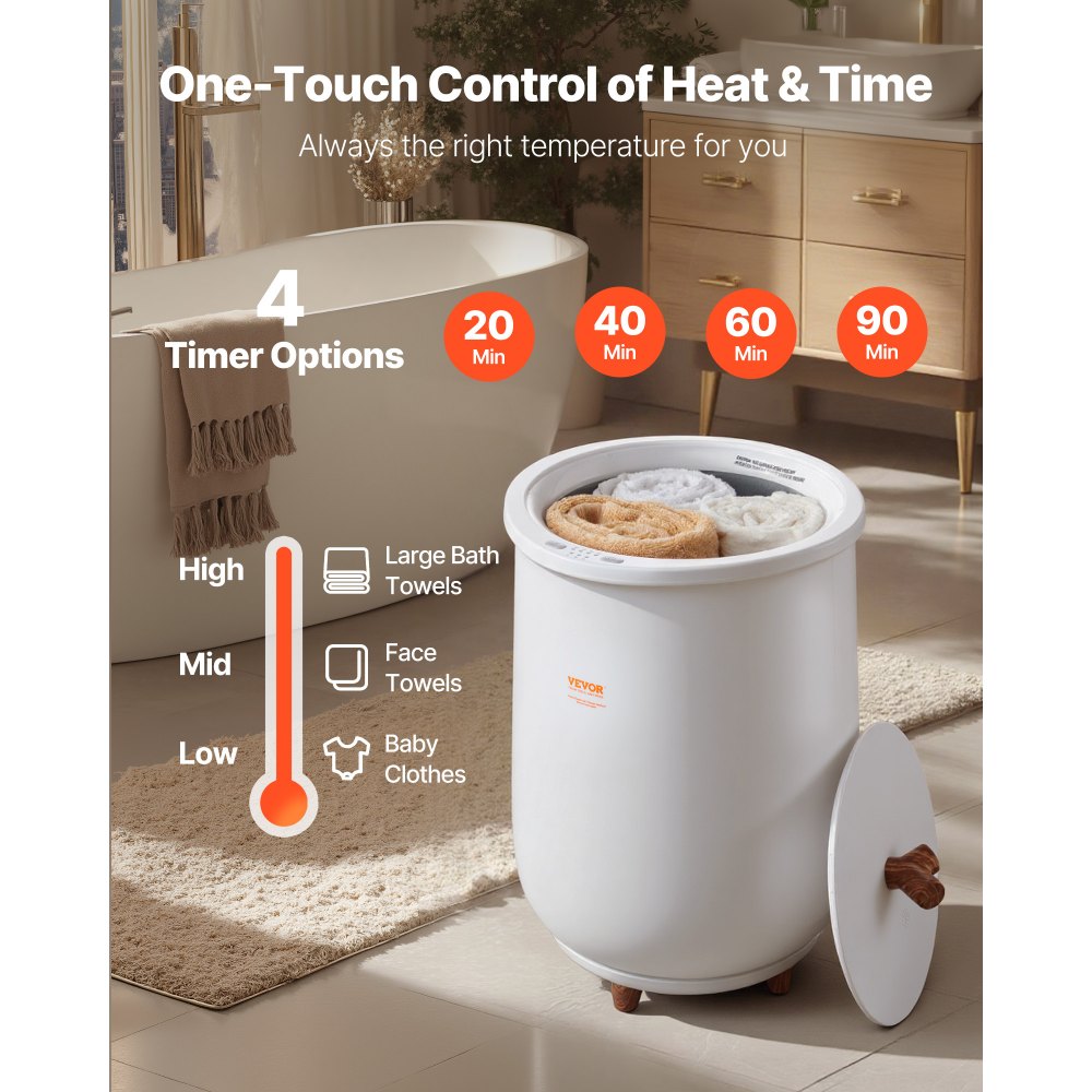 VEVOR Scaldasalviette Secchio Verticale 20 Litri per Bagno SPA Max. 2 Asciugamani Potenza Nominale 465 W Spegnimento Automatico Tempo di Riscaldamento Regolabile 4 Livelli, Riscaldatore Asciugamani