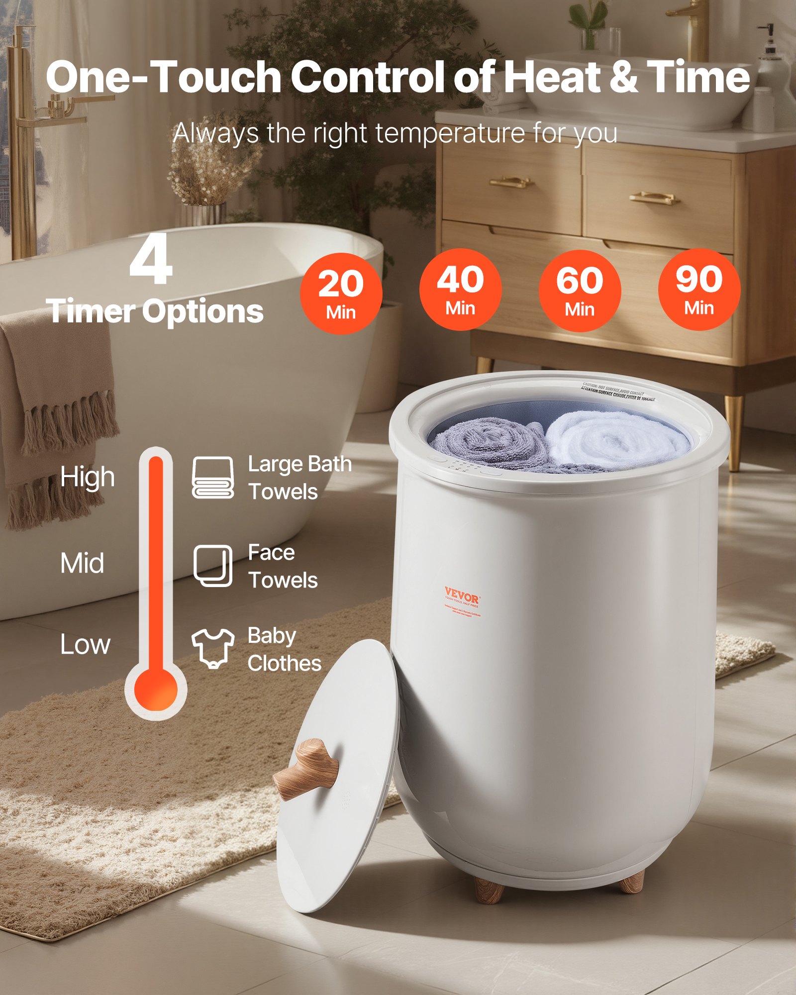 VEVOR Scaldasalviette Capienza da 20 Litri Luce LED, Scaldacoperte per Bagno, Spegnimento Automatico 20/40/60/90 minuti Impostazione Temperatura per SPA, Casa, Pavimento, Grigio