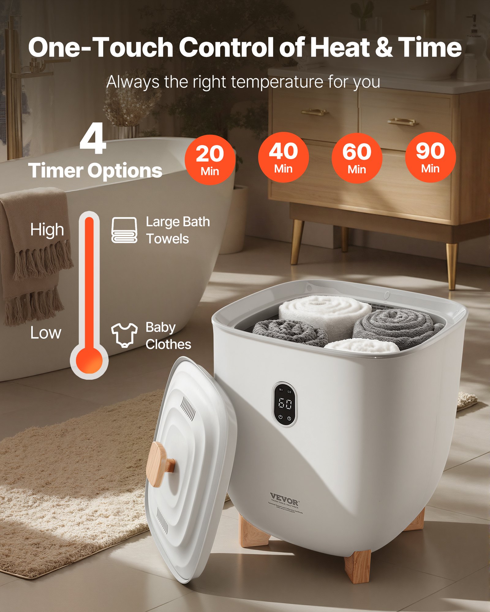 VEVOR Scaldasalviette Capienza 25 Litri con Schermo LED, Scaldacoperte per Bagno, 4 Livelli di Timer, Impostazione Temperatura, Blocco di Sicurezza, per SPA, Casa, Grigio