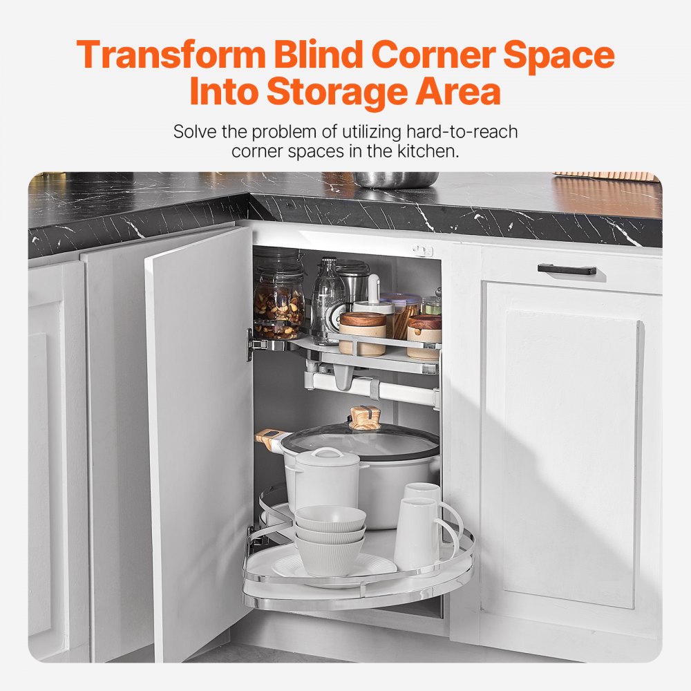VEVOR Corner Cabinet Organizer, Right-Opening, Extendable Organizer for Roller Shutter Cabinets, 2-Tier Height-Adjustable Swing Tray, Soft-Closing Kitchen Organizer, Opens to the Right