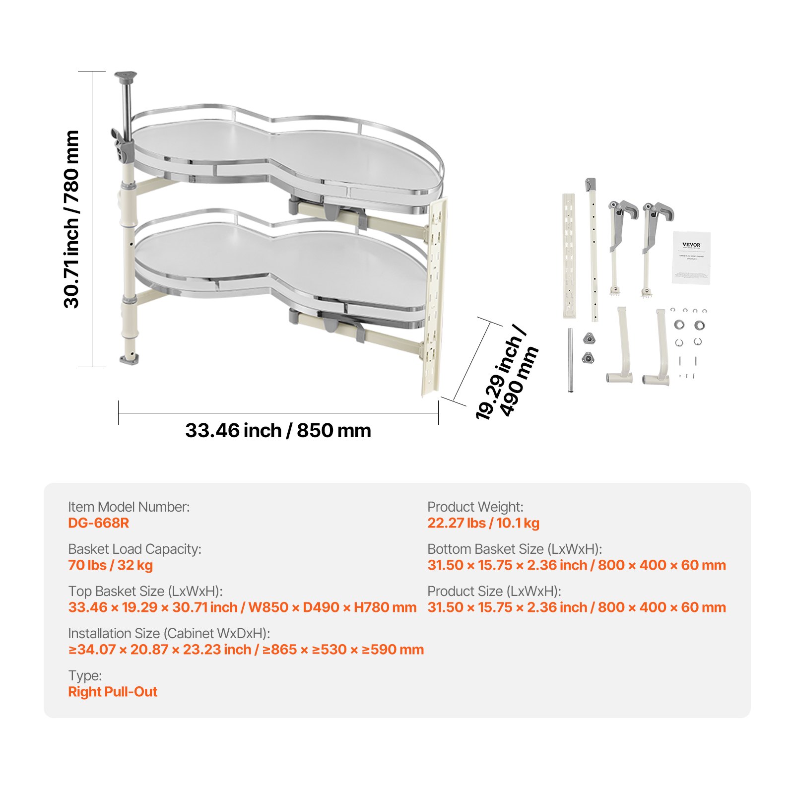VEVOR Mobiletto Angolare Cieco Destro Oscillante, Organizer Estraibile Capacità 32 kg, Vassoio Oscillante Regolabile in Altezza a 2 Livelli, Organizer con Chiusura Ammortizzata, Apertura a Destra