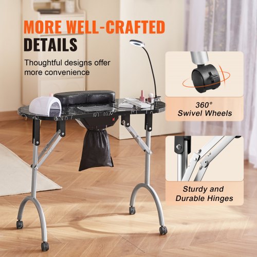 Tavolo Per Manicure Portatile Pieghevole Con 3 Cassetti E Ruote – In Legno E Metallo, 104x38 Cm, Carico 100 Kg, Per Saloni E Casa, Nero