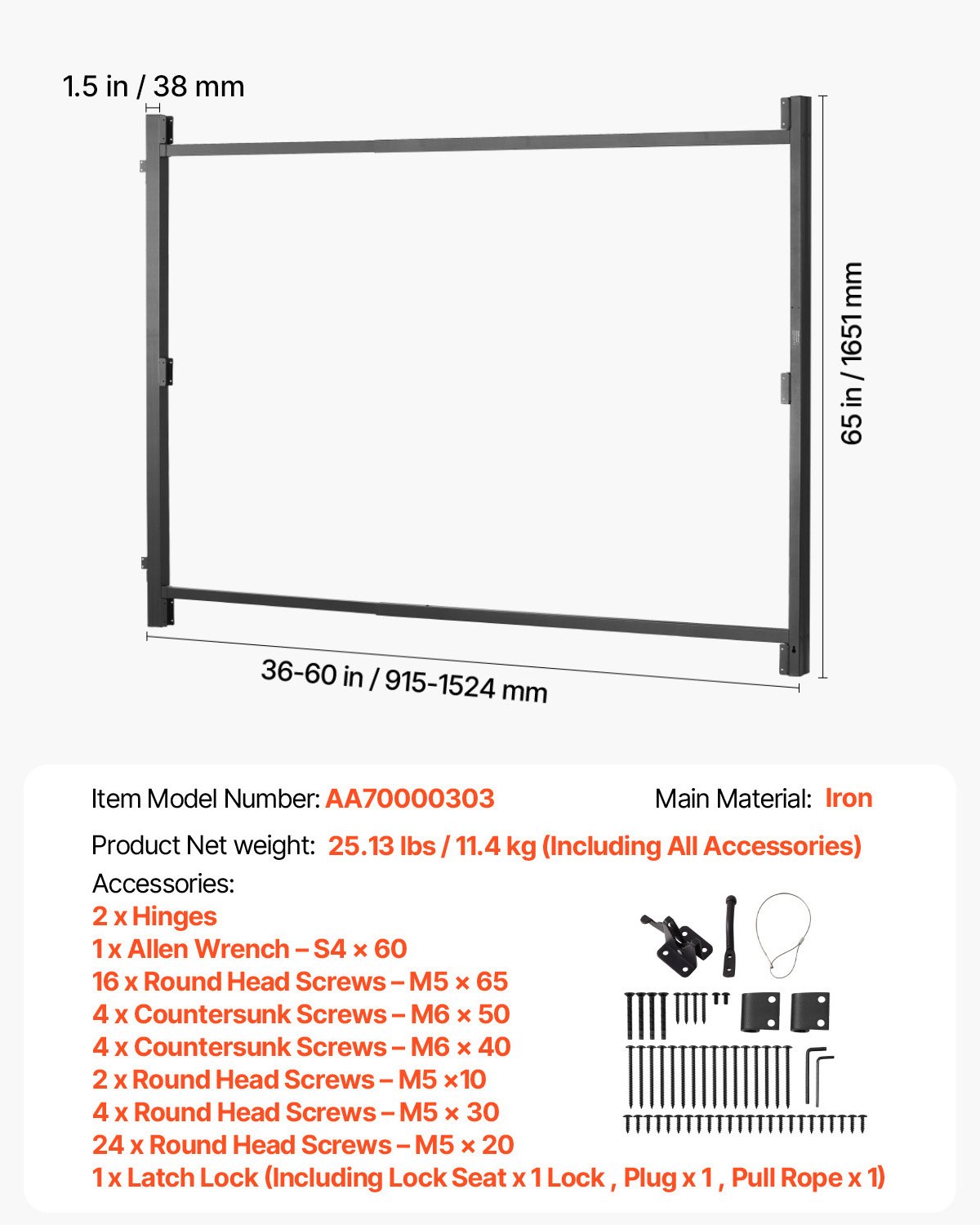 VEVOR Kit di Costruzione Cancello per Aperture Larghe 915 a 1524 mm Recinzione Alta 1828,8 a 2133,6 mm Kit Telaio Cancello Completo Anti-Cedimento con Serratura a Scatto e Viti, Recinzione in Legno