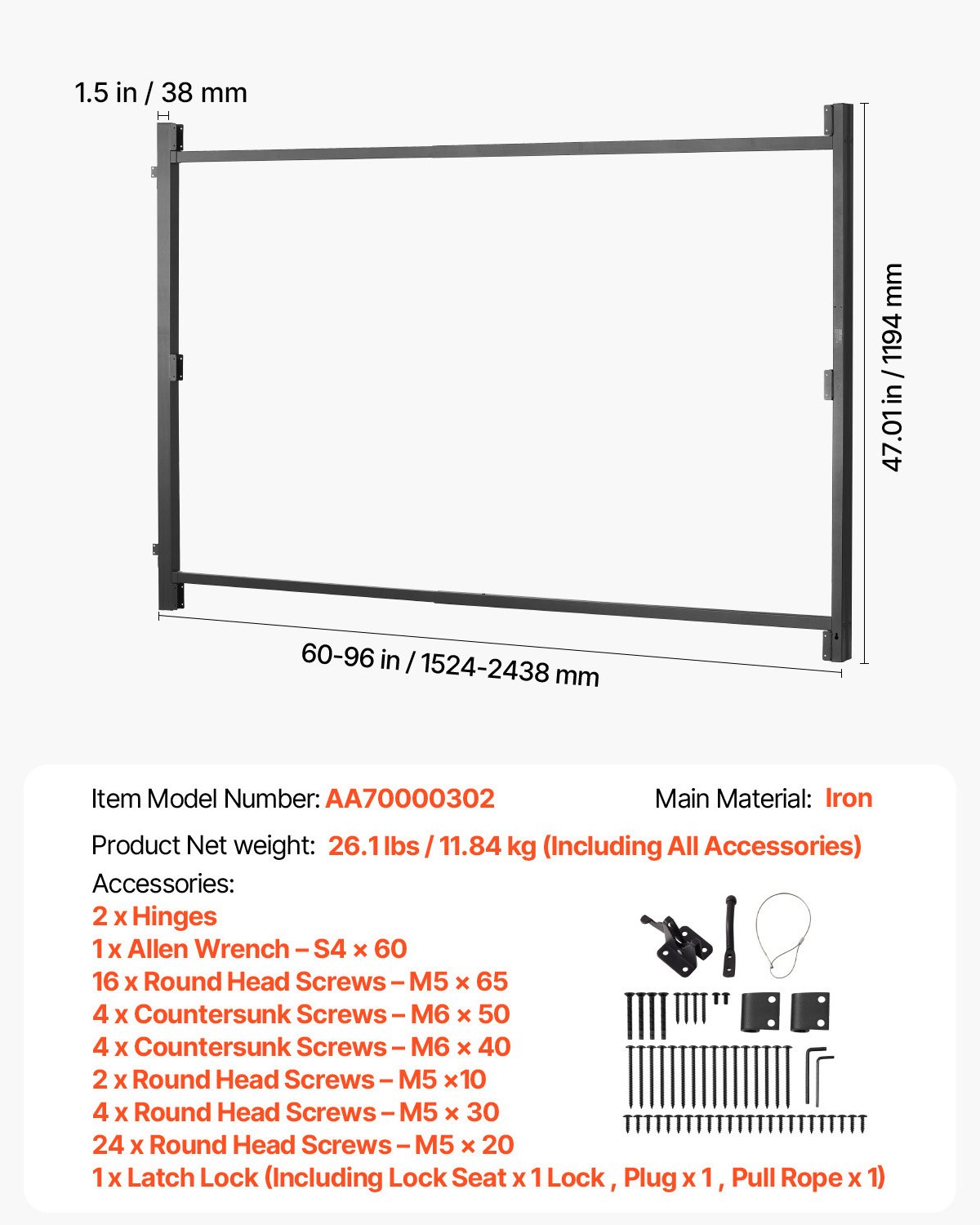 VEVOR Kit di Costruzione Cancello per Aperture Larghe 1524 a 2438 mm Recinzione Alta 1219,2 a 1524 mm Kit Telaio Cancello Completo Anti-Cedimento con Serratura a Scatto e Viti, per Recinzione in Legno