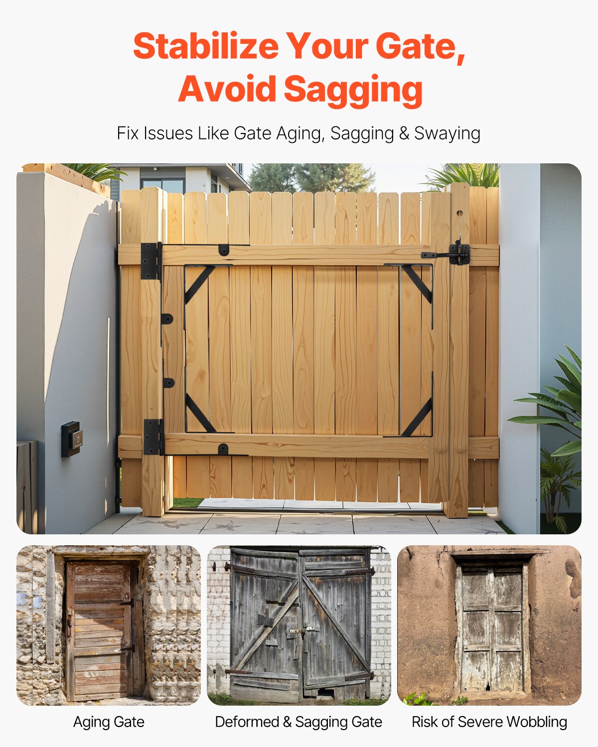 VEVOR Staffa di Rinforzo Angolare per Cancelli in Ferro, 1 Set, Kit di Ferramenta per Telaio Cancello Anti-Cedimento, Staffa di Rinforzo per Telaio Cancello con Serratura a Scatto, Viti, Nero