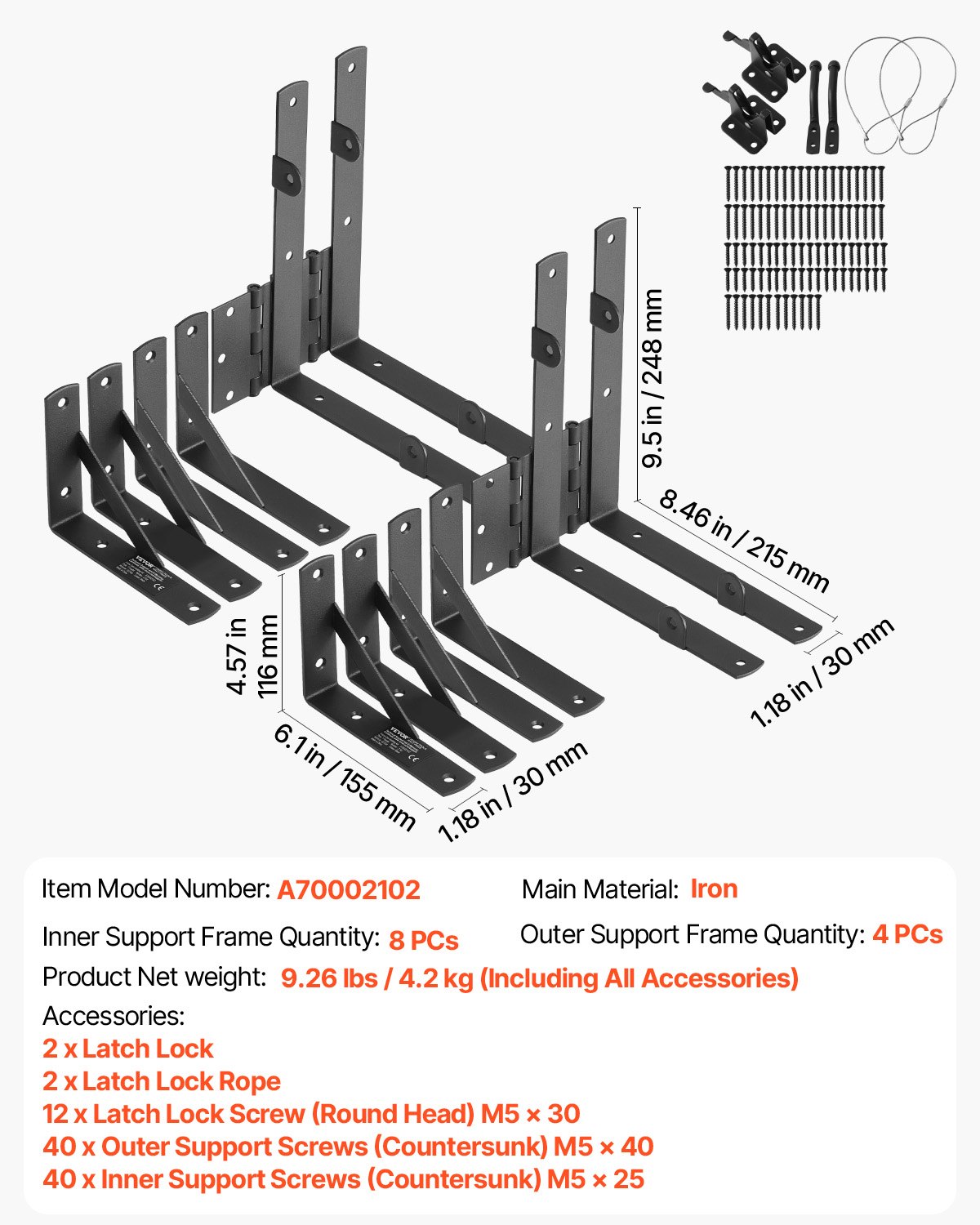 VEVOR Corner Strut Bracket for Gates, Anti-Sagging Iron Fitting Set for Gate Frames, Gate Corner Strut with Latch Lock Cable & Screw, 2 Sets for Shed Doors, Driveway Gates, Wooden Windows, Black