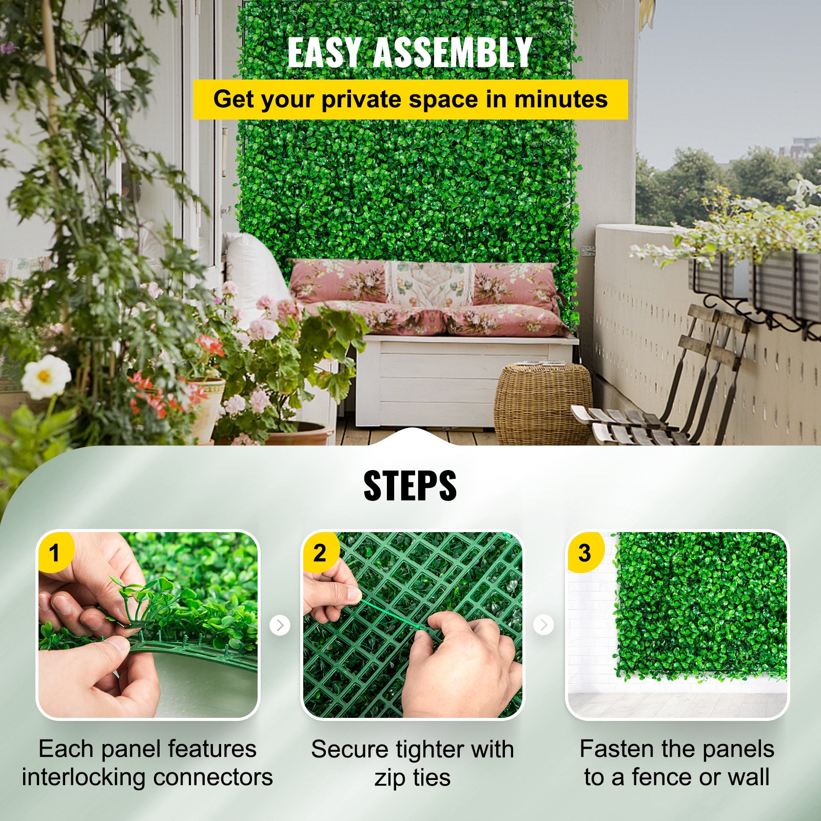 VEVOR Artificial Plant Wall, 24 pieces, 10 x 10 inches, Privacy Hedge, Artificial Green, Artificial Boxwood Panel PE, Privacy Screen Artificial Plants 25 x 25 cm, Privacy Hedge, Wall Decoration, Plant Wall
