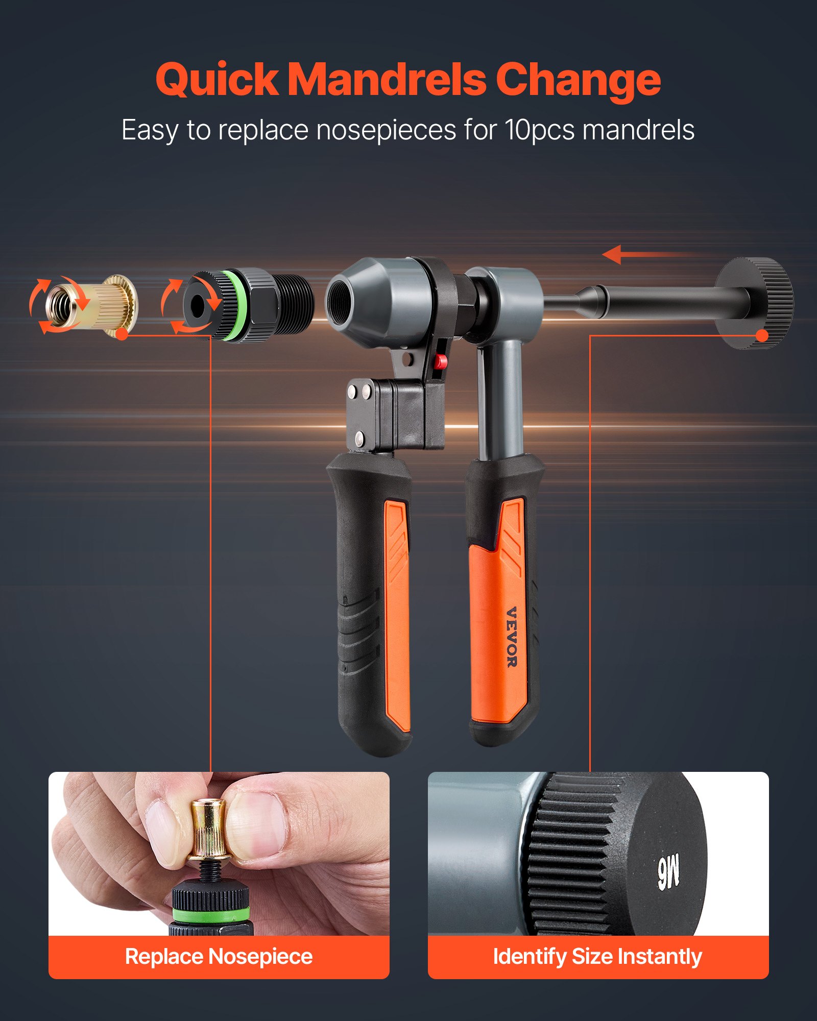 VEVOR Kit Rivettatrice per Filettati a Cricchetto da 230 mm, con 10 Mandrini e 100 Rivetti Filettati, con Robusta Custodia per il Trasporto, per Montaggi Metallici, Autoveicoli e Riparazioni DIY