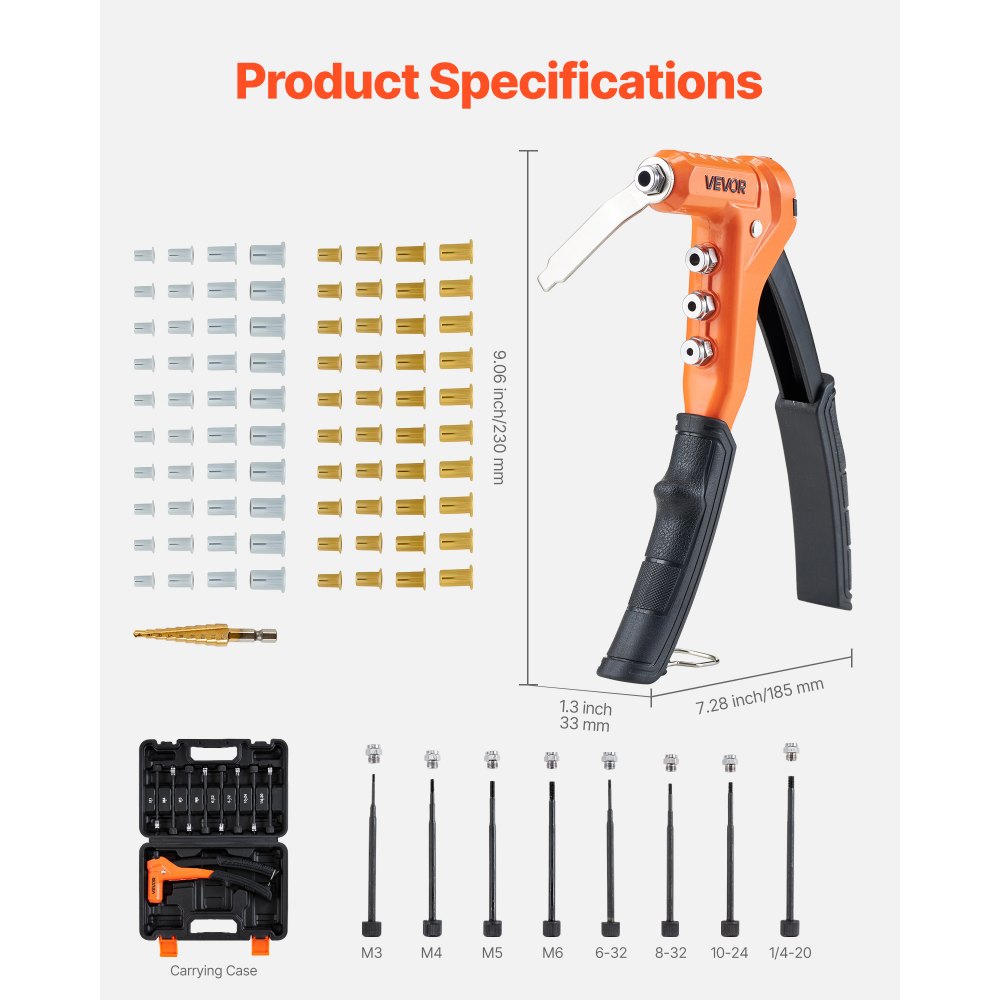 VEVOR Rivet Nut Tool Kit, 230 mm One-Handed Rivnut Tool Kit, with 8 Mandrels, a Step Drill Bit and 80 Nuts, Metric and SAE Size M3, M4, M5, M6, 6-32, 8-32, 10-24, 1/4-20 UNC, with a Carrying Case