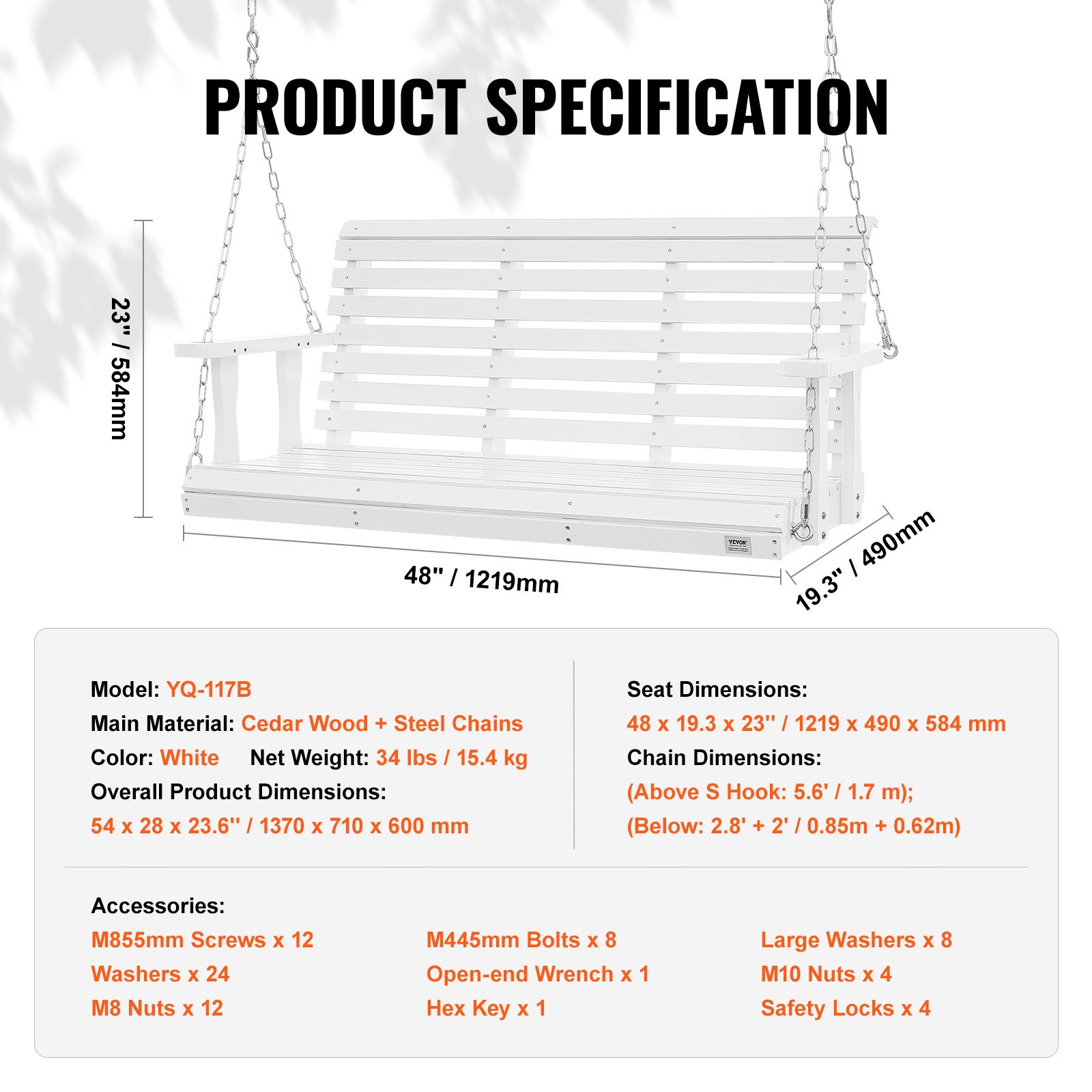 VEVOR Altalena in legno di cedro, 1370x710x600mm, Altalena patio per cortile giardino, Capacità carico circa 400 kg, con Panca a dondolo catene sospese per uso esterno, bianca