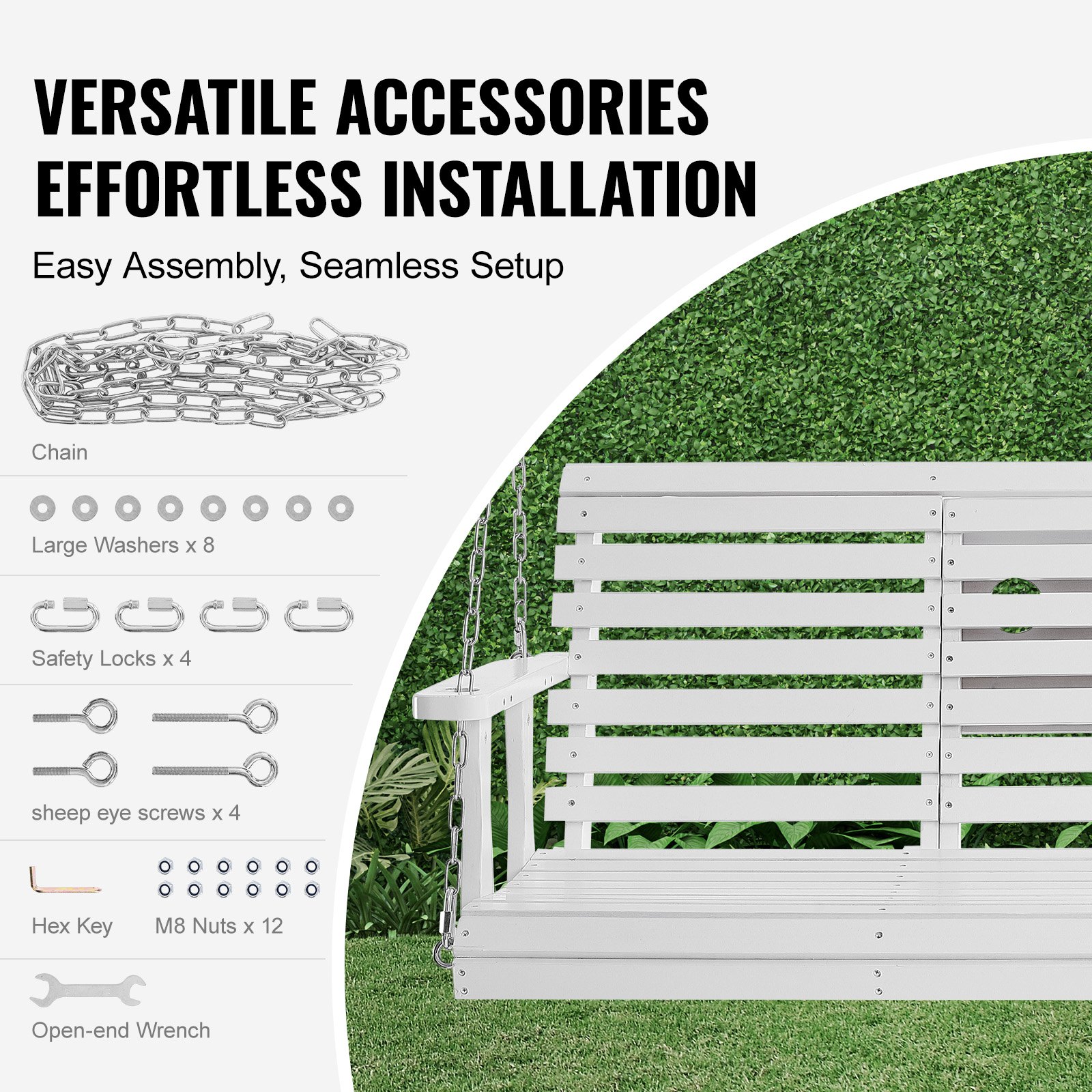 VEVOR Altalena per Portico in Legno, 1523x710x600mm, Panca per Cortile Giardino, Capacità Carico max. 400kg, Panca per Altalena Carichi Pesanti con Catene Sospese per Esterni, Bianco