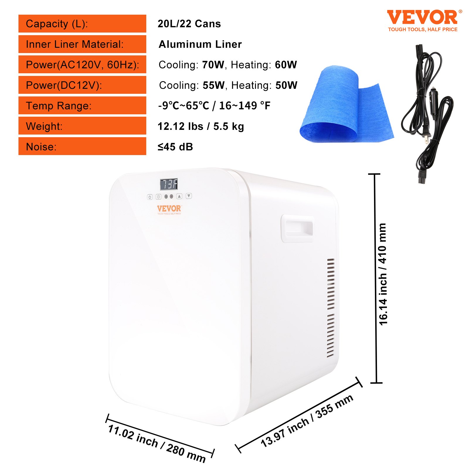 VEVOR Mini Frigorifero Portatile Bianco Pannello Controllo a Tocco Capienza Max. 20L Funzione Raffreddamento/Riscaldamento Intervallo di Temperatura -9℃~65℃, Mini Frigo Portatile da Auto Rumore 45dB