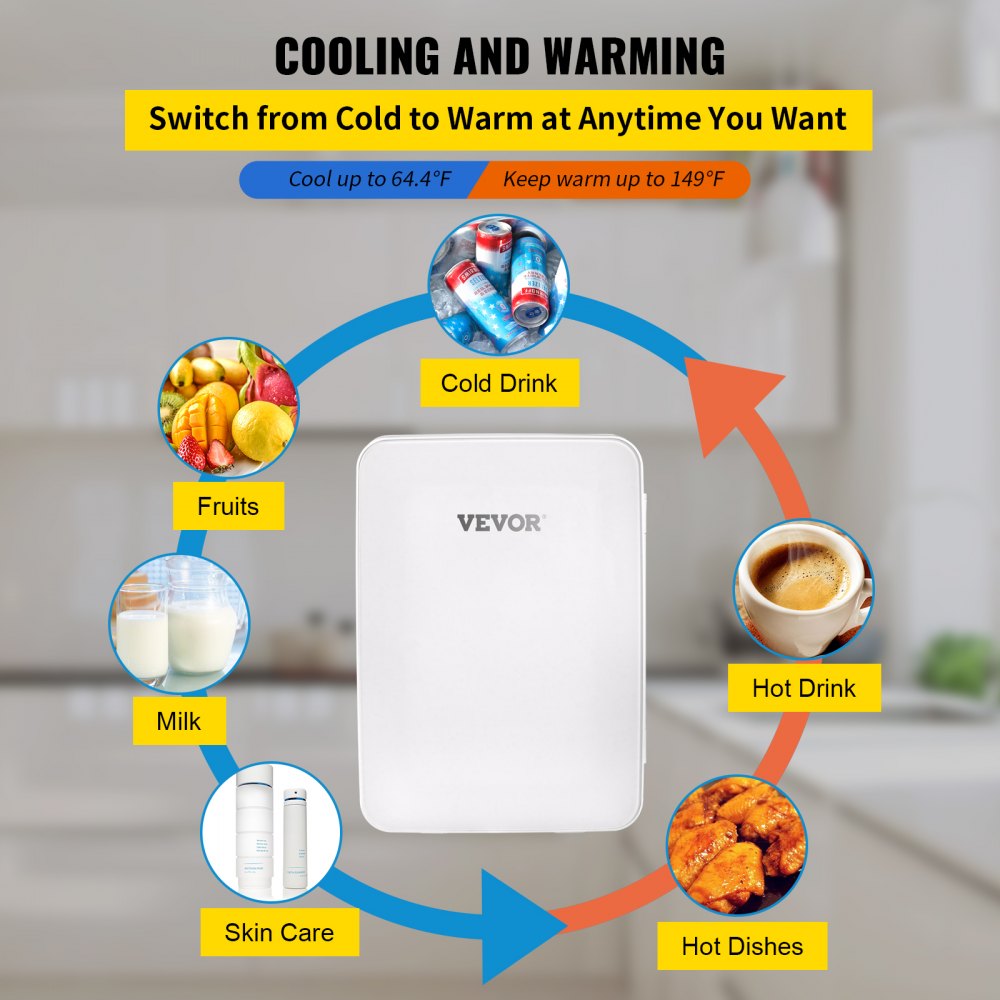 VEVOR Mini Frigo Bar con Frigorifero Piccolo Portatile Bianco, 10 Litri 48 W Mini Frigo con Funzione di Raffreddamento e Riscaldamento Controllo per Casa, Ufficio, Dormitorio, Camera d'Albergo, Auto