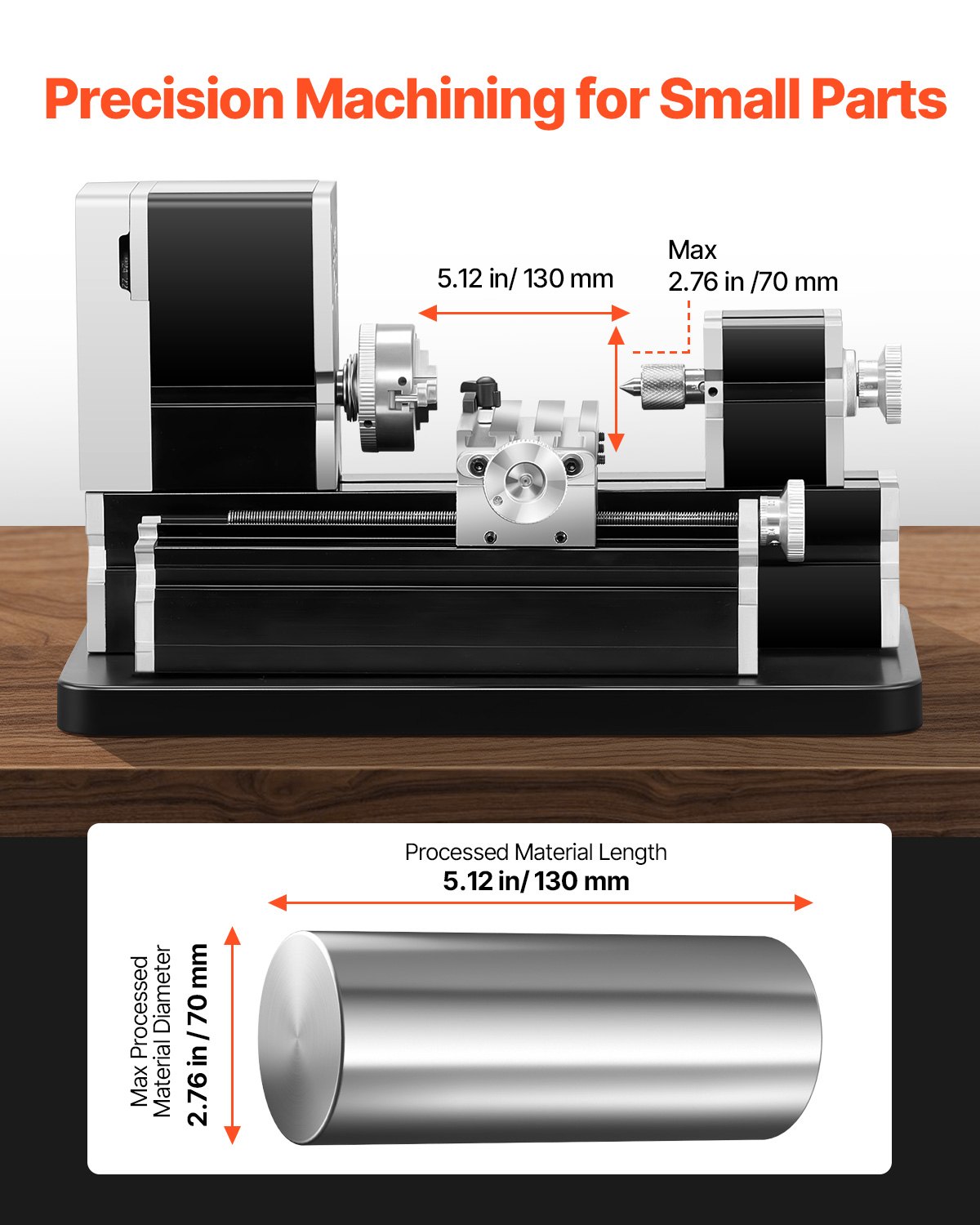 VEVOR Mini Tornio per Metalli Didattico, Potenza 36W, Velocità 20000 Giri al Minuto, con Mandrino 3 Griffe, Volantino in Lega di Alluminio, per Elaborare Metalli Morbidi Legno Plastici 70 x 130 mm
