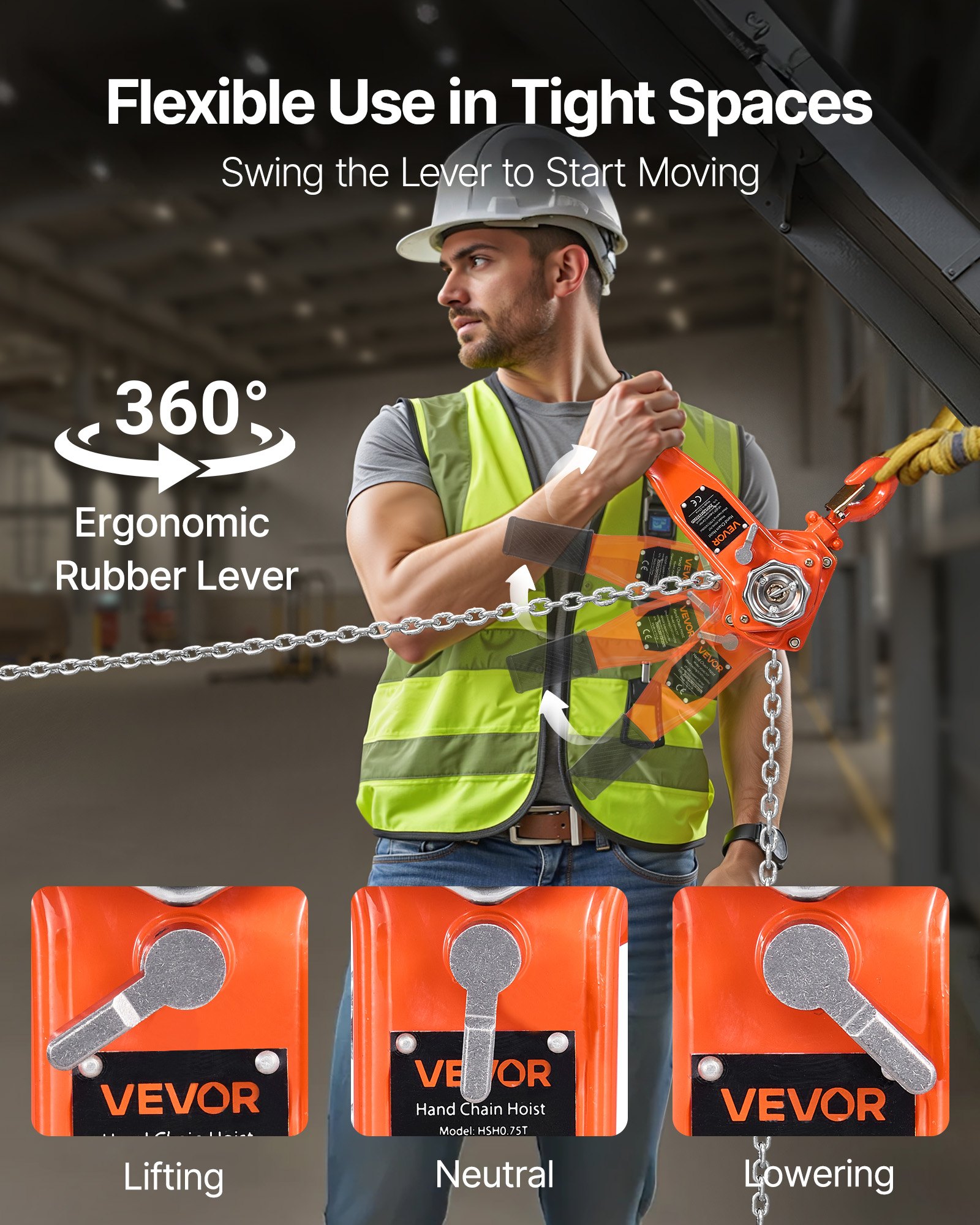 VEVOR Manual Lever Chain Hoist, 3/4T 750KG Capacity Heavy Duty Come Along, 3M Lift G80 Alloy Steel Chain With Dual Pawl Mechanical Brake, 360° Rotating Hooks, for Warehouse Construction Garage