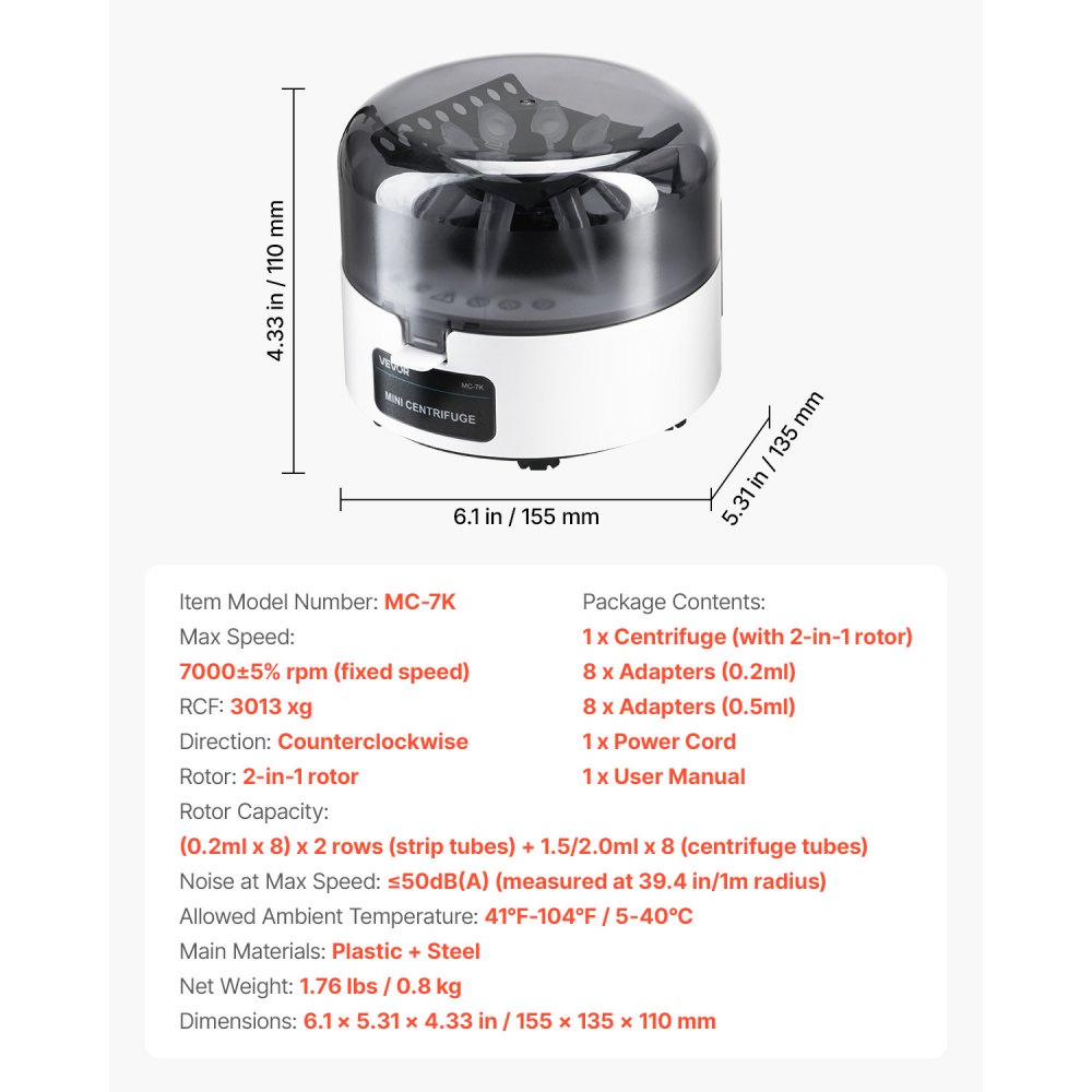VEVOR Mini Centrifuga 3013 xg RCF, Centrifuga da Laboratorio Elettrica con Rotore per Provette da 0,2/1,5/2 ml, Velocità Fissa 7000 Giri/min, Bassa Rumorosità per Esperimenti di Laboratorio