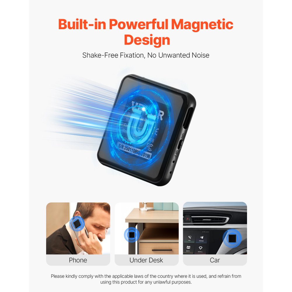 VEVOR Registratore Vocale Magnetico Attivato 128 GB Registratore Vocale Digitale con Riproduzione, 8730 Ore di Archiviazione di Registrazione, 100 Ore di Durata della Batteria, per Lezioni, Riunioni