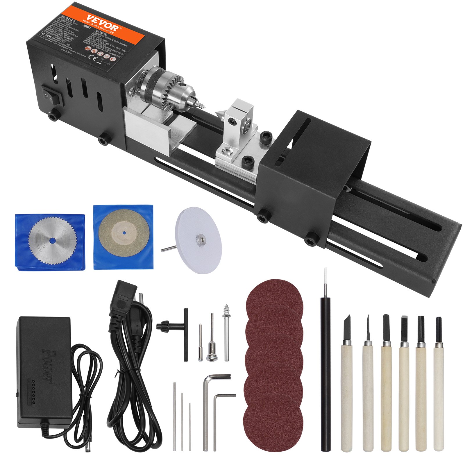 VEVOR Mini Tornio per Legno 96W Utensili Tornio Elettrico di Precisione 7 Velocità Regolabile 4220/5300/5650/6350/6660/7050/8450 giri/min Fresatrice Lavorazione del Legno Fai-da-Te Accessori Completi
