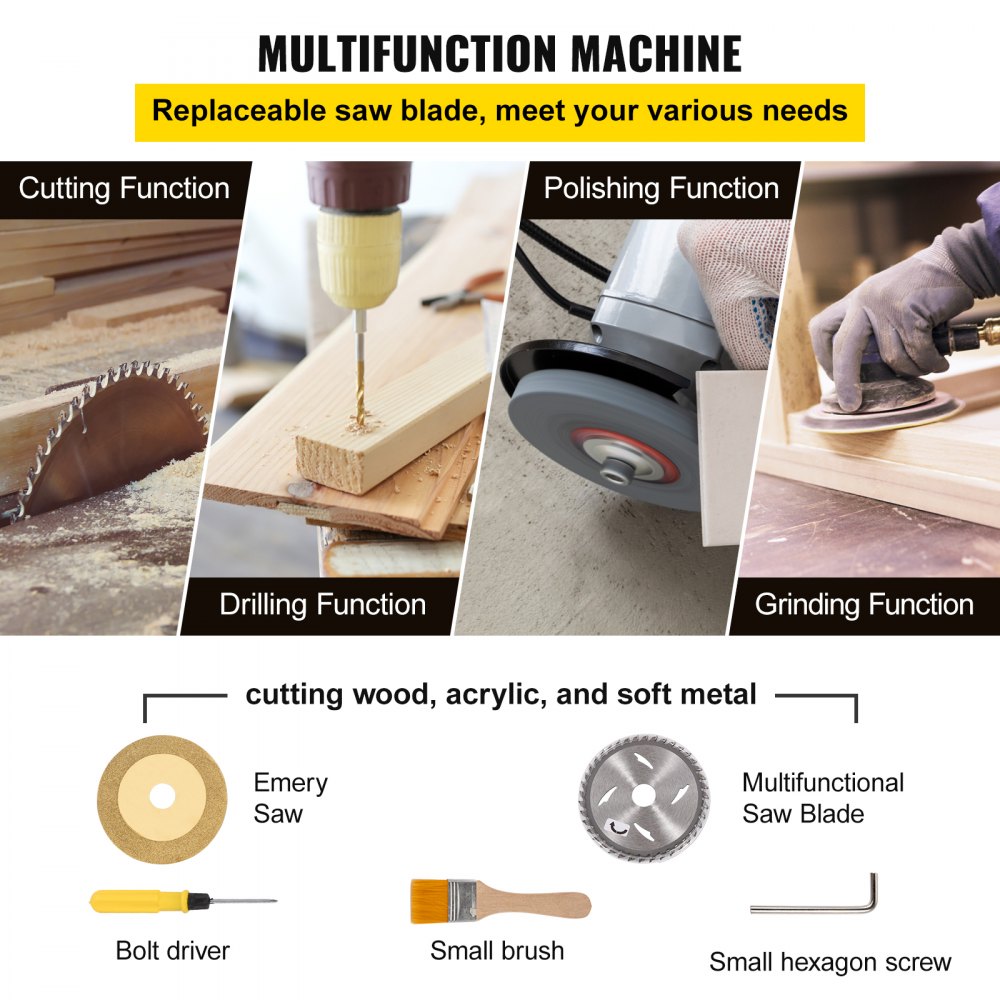 VEVOR Mini Sega da Tavolo Multifunzionale, 96 W 3,7 kg Velocità 10000 giri/min Seghe da Banco Elettriche Sollevabili Portatili di Precisione per Materiali in Metallo Tenero, Legno Duro e Plastica