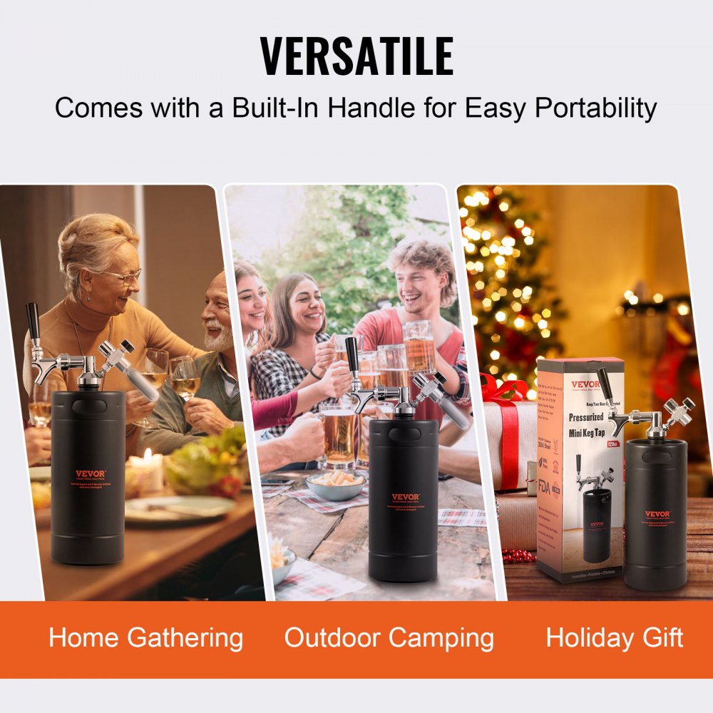 VEVOR Mini Spillatore di Birra Portatile Capacità 4L con Rubinetto, Mini Fusto Nero per Birra Artigianale Portatile Pressione Regolabile 0~30PSI da Campeggio Festa Evento Carnevale, Spillatore Birra