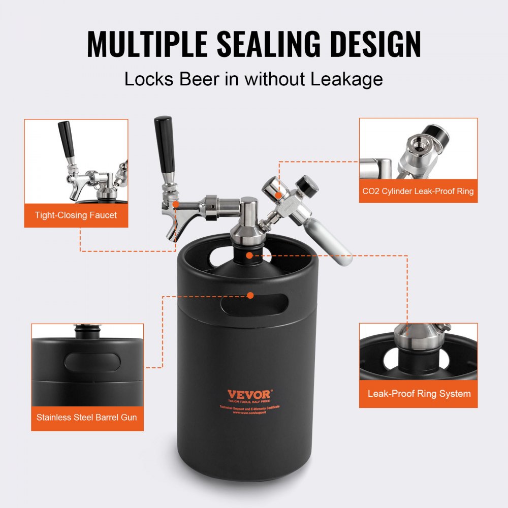 VEVOR Mini Spillatore di Birra Portatile Capacità 5L con Rubinetto, Mini Fusto Nero per Birra Artigianale Portatile Pressione Regolabile 0~30PSI da Campeggio Festa Evento Carnevale, Spillatore Birra