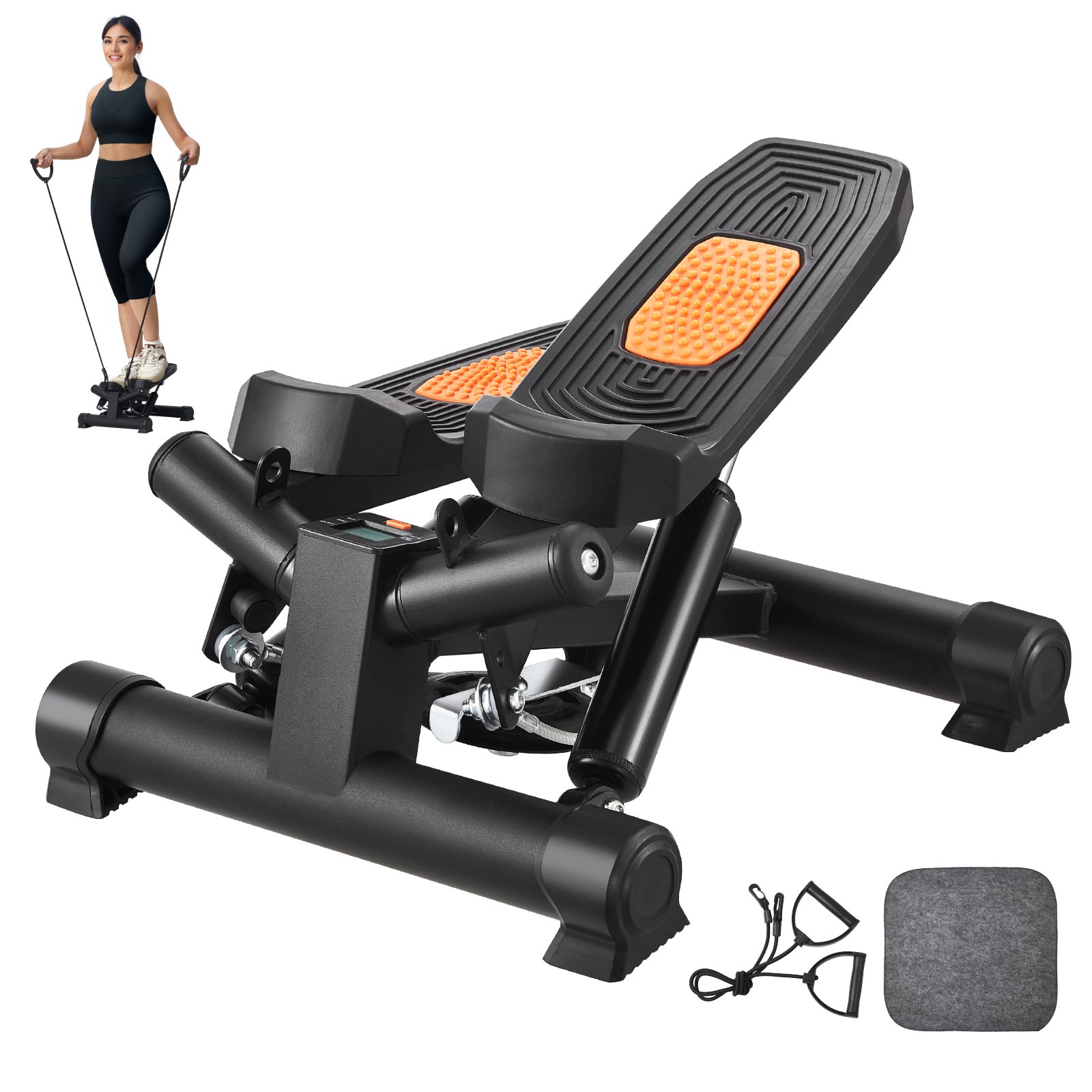 VEVOR Stepper, Mini Stepper per Esercizi a Casa, Stepper Idraulico Fitness Twist con Fasce di Resistenza, Attrezzatura Cardio per Allenamento Corpo, Saliscale con Monitor LCD, Capacità 150 kg Nero