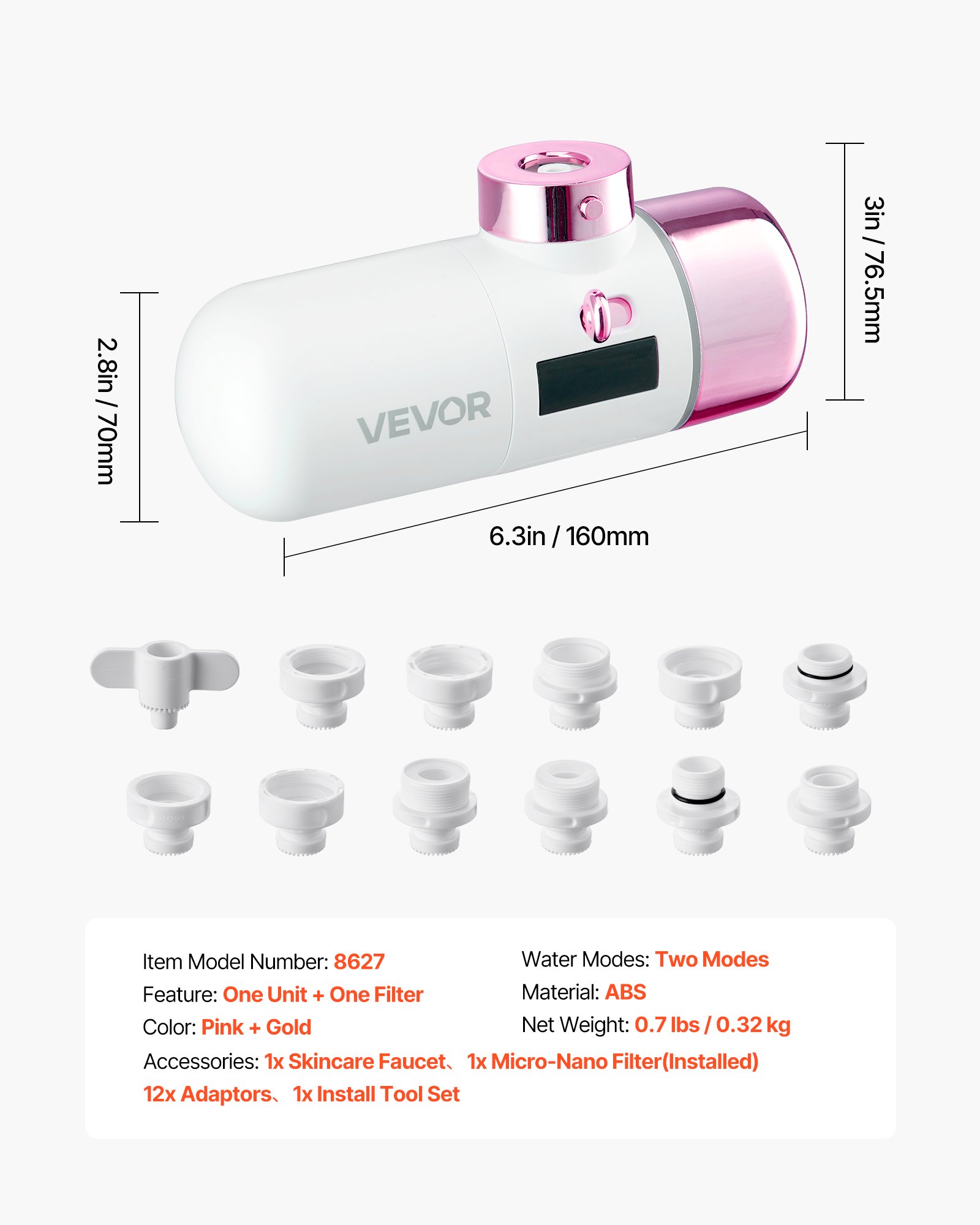 VEVOR Filtro per Rubinetto dell'Acqua per Cura di Pelle Micro Bolle Nano 0,2 μm per Cura di Viso, Filtro per Rubinetti per Rimuovere il Cloro dell'Acqua, Beccuccio Rotante, Colore Rosa Oro