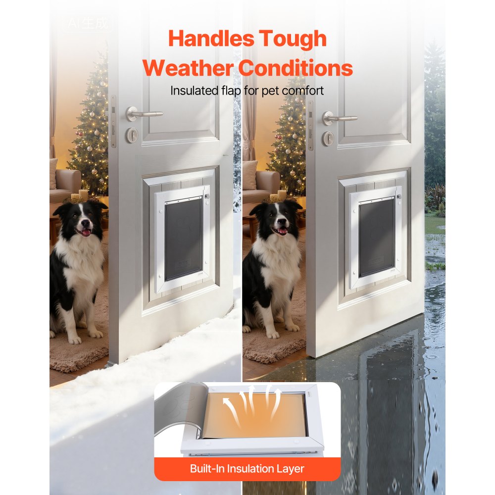 VEVOR Pet Door, Large, with Three Magnetic Flaps and Metal Frame, Strong and Weatherproof Dog Door for Interior and Exterior Doors, Easy to Install, Easy In-and-Out Access for Doggies, White