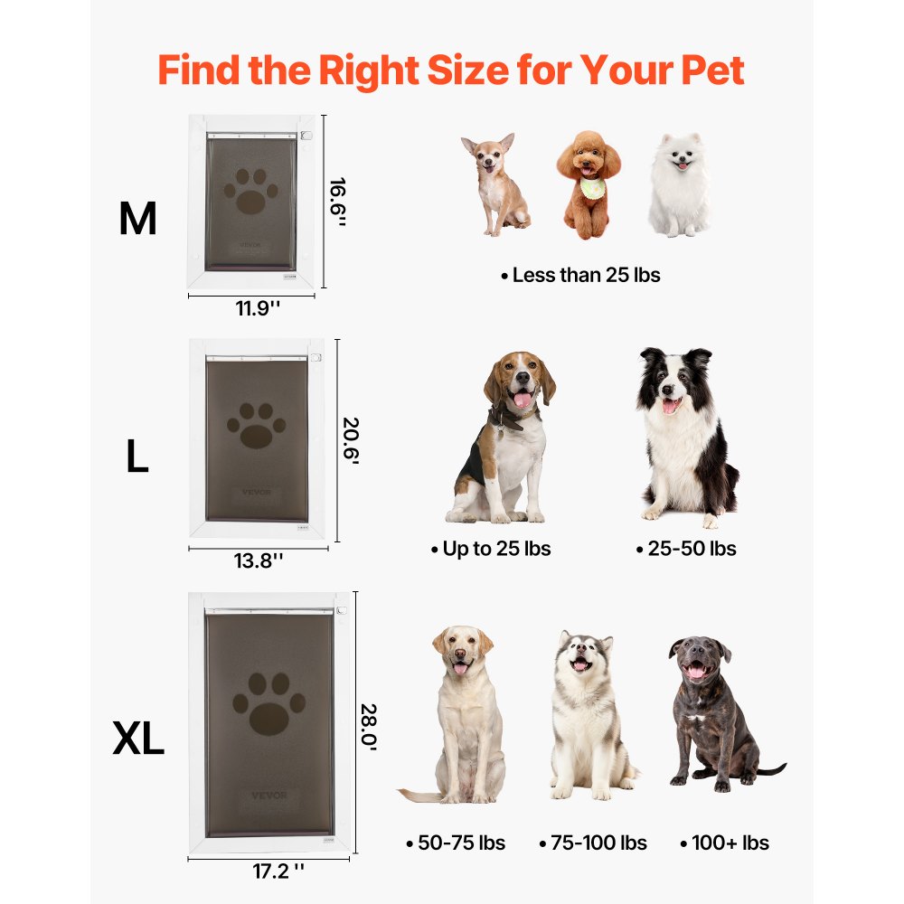 VEVOR Pet Door, Medium, with Three Magnetic Flaps and Metal Frame, Strong and Weatherproof Dog Door for Interior and Exterior Doors, Easy to Install, Easy In-and-Out Access for Doggies, White
