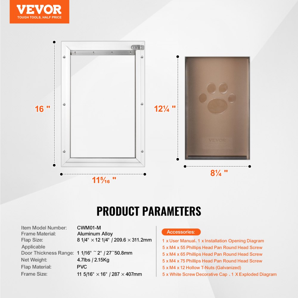 VEVOR Pet Door, Dog Door made of aluminum frame with lock & flap system, 287 x 407 mm, weatherproof dog door suitable for cats, dogs, and kittens (White-M), easy installation