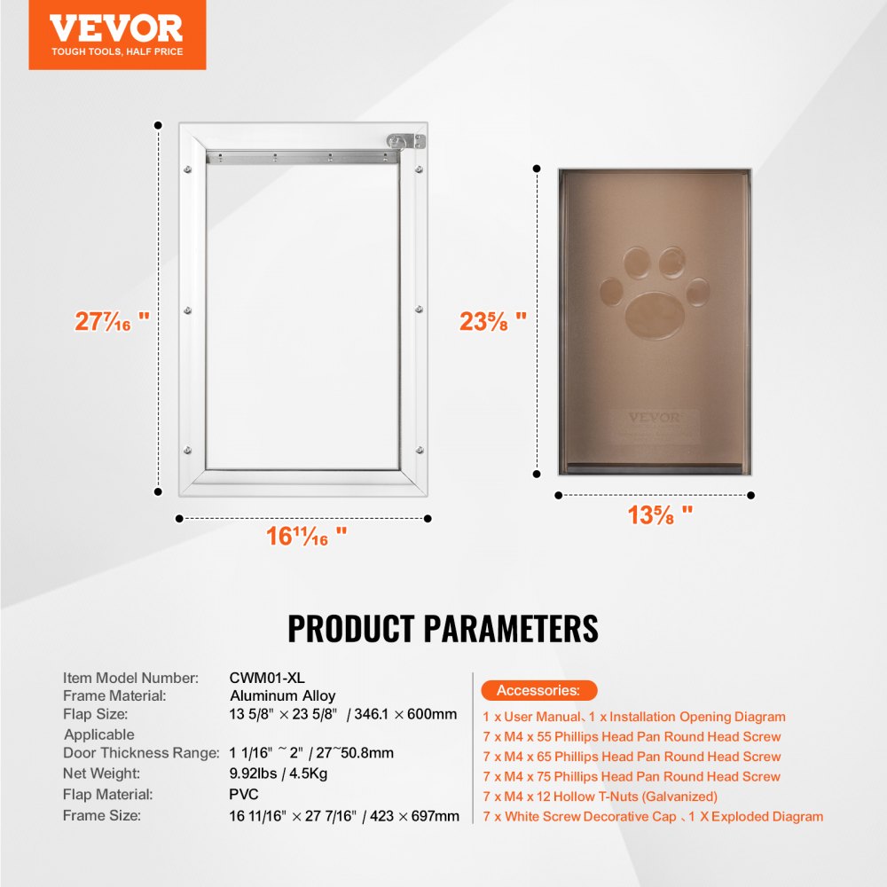 VEVOR Porta per Animali Domestici, Telaio in Alluminio 423 x 697 mm con Sistema di Serratura Sportello, Porta Resistente alle Intemperie per Animali Domestici per Gatti, Cagnolini, Bianco Taglia XL