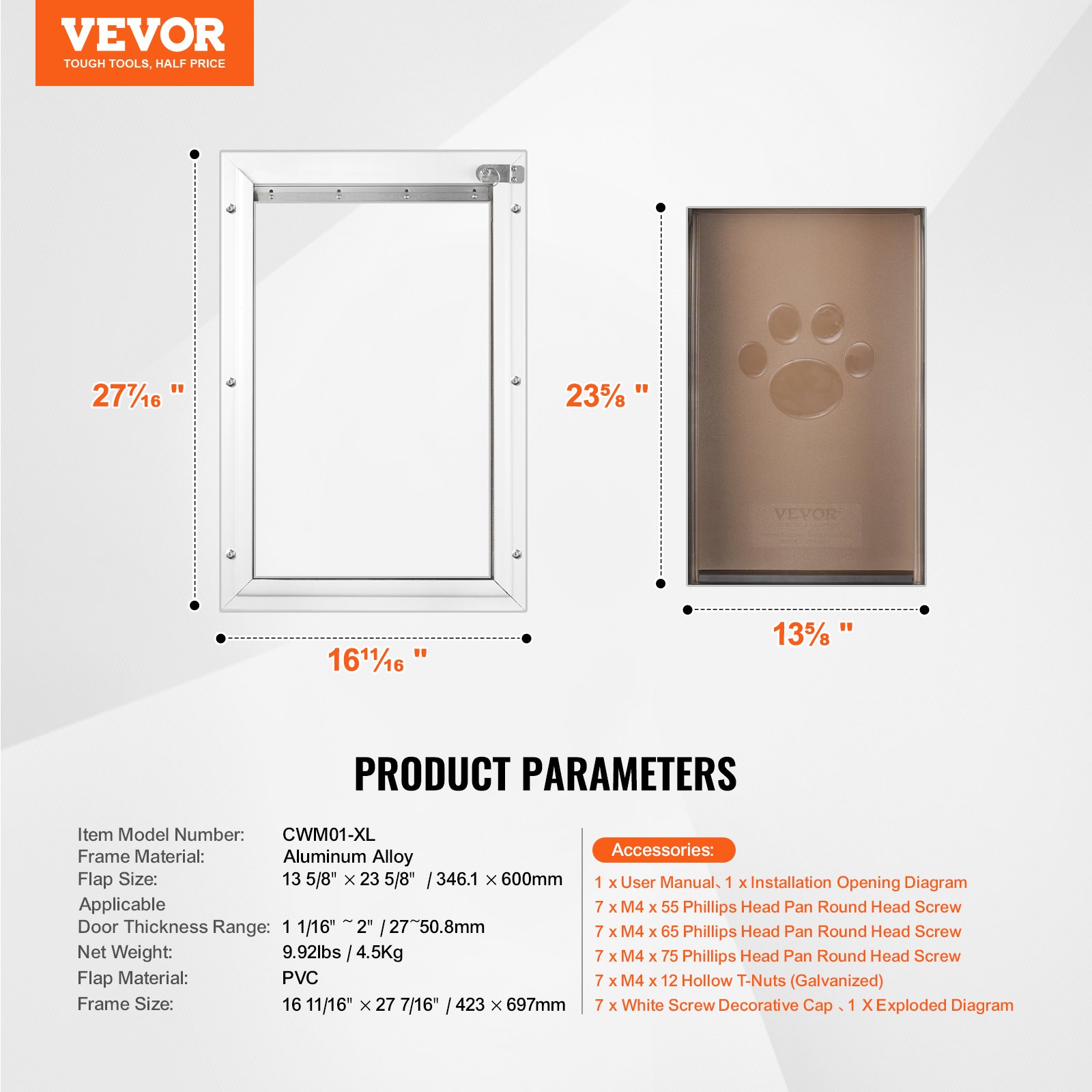 VEVOR Porta per Animali Domestici, Telaio in Alluminio 423 x 697 mm con Sistema di Serratura Sportello, Porta Resistente alle Intemperie per Animali Domestici per Gatti, Cagnolini, Bianco Taglia XL