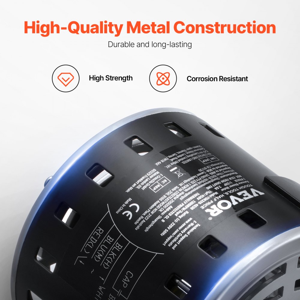 VEVOR 1/2 HP blower motor, 220 V, 2.6 Amps, 1300 rpm, 3 speeds (1300/1100/800 rpm), 10 mm shaft diameter, 20 mm shaft length, red. CCW from shaft end, incl. CBB60 15 μF/450 V capacitor