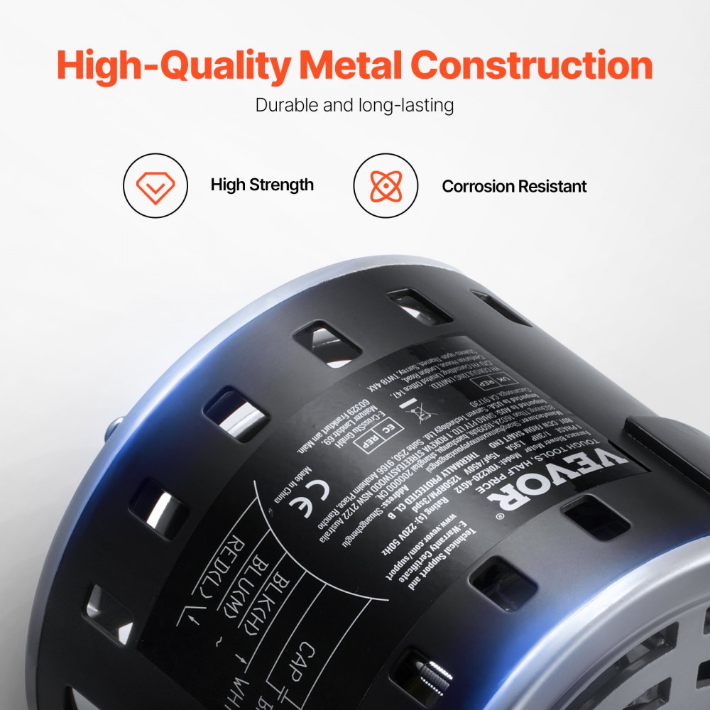 VEVOR Motore del Ventilatore della Fornace 0,24 kW 220 V 1,95 A Motore per Soffiatore per Fornace, 1250 RPM 3 Velocità, Diametro Albero 10 mm Lunghezza Albero 20 mm Condensatore CBB60 15 μF/450 V