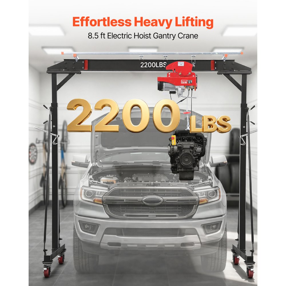 VEVOR Gru a Portale Mobile 998 kg Altezza 243-363 cm con Paranco Elettrico, Portata 998 kg, Altezza Regolabile 243-363 cm, con Carrello Manuale, Imbracatura e Ganci, Ideale per Officine e Magazzini
