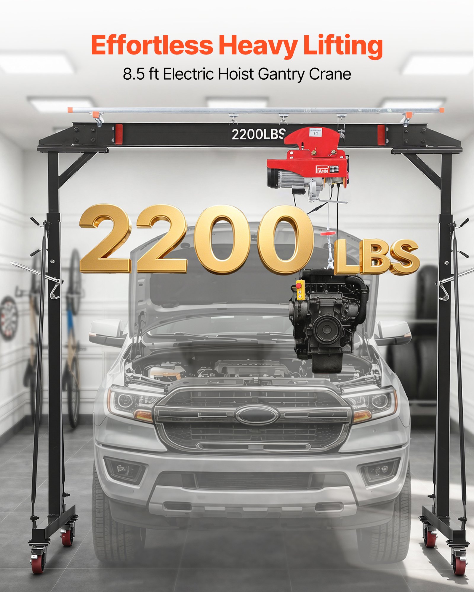 VEVOR Gru a Portale Mobile 998 kg Altezza 243-363 cm con Paranco Elettrico, Portata 998 kg, Altezza Regolabile 243-363 cm, con Carrello Manuale, Imbracatura e Ganci, Ideale per Officine e Magazzini