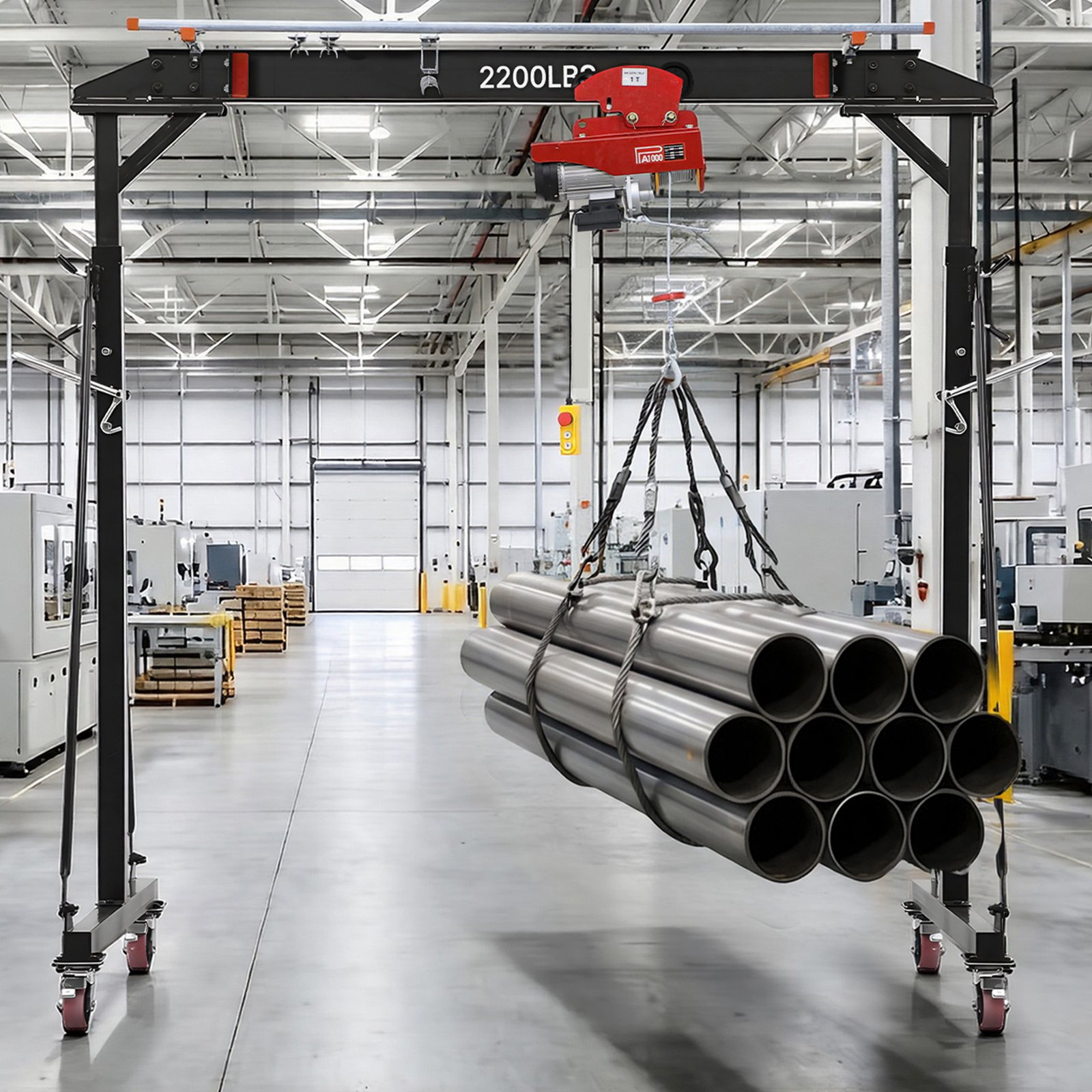 VEVOR Gru a Portale Mobile 998 kg Altezza 243-363 cm con Paranco Elettrico, Portata 998 kg, Altezza Regolabile 243-363 cm, con Carrello Manuale, Imbracatura e Ganci, Ideale per Officine e Magazzini