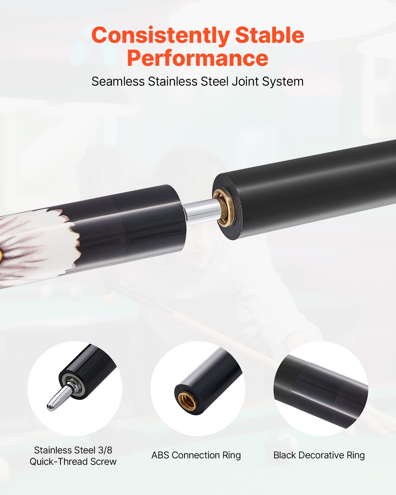 VEVOR Stecca da Biliardo in Legno Acero Canadese da 1473,2 mm e 538 g con Punta Multistrato e Anello di Collegamento in ABS, 1 Pezzo Stecche per Biliardo Professionale, Bar, Casa, Ufficio